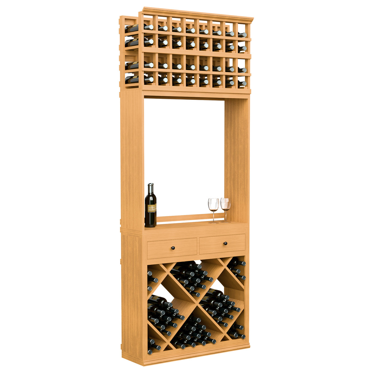 Light wood wine tasting station with open service shelf, drawers, diamond wine racks