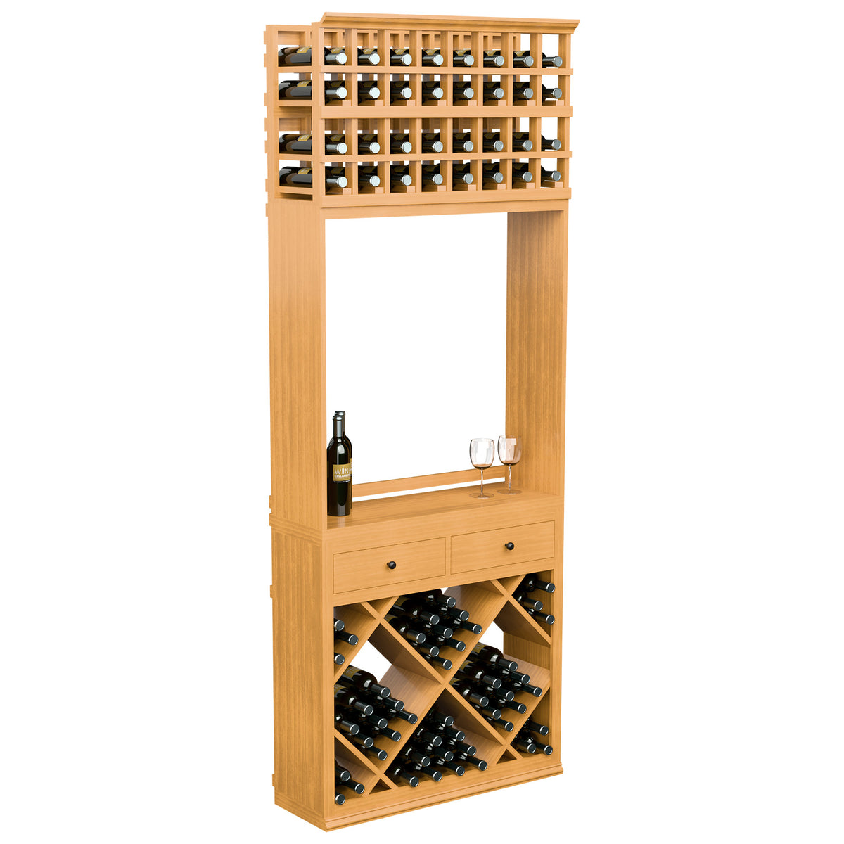 Light wood wine tasting station with top wine rows, drawers, diamond wine racks