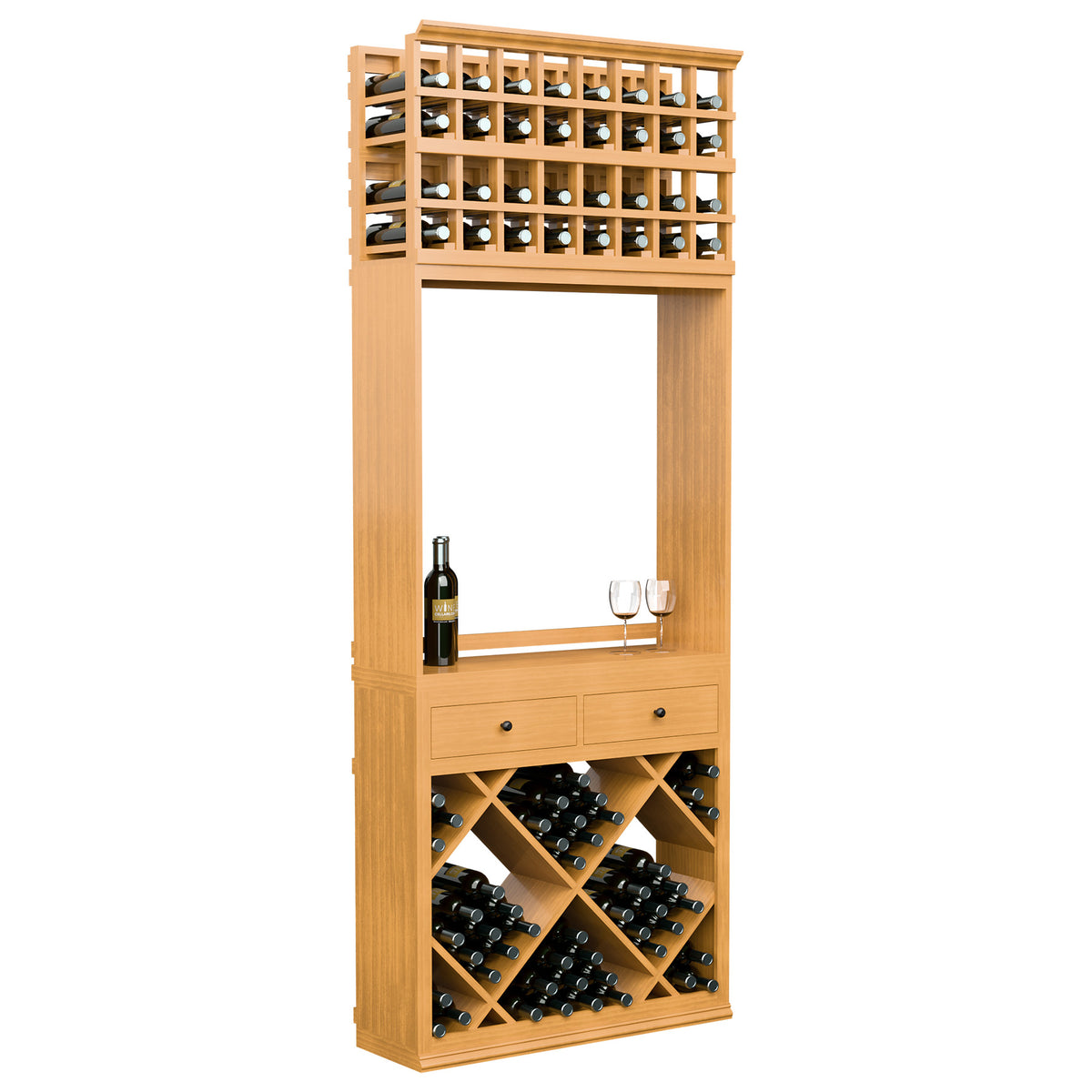 Light wood wine tasting station cabinet with bottle racks, two drawers, and diamond wine bins
