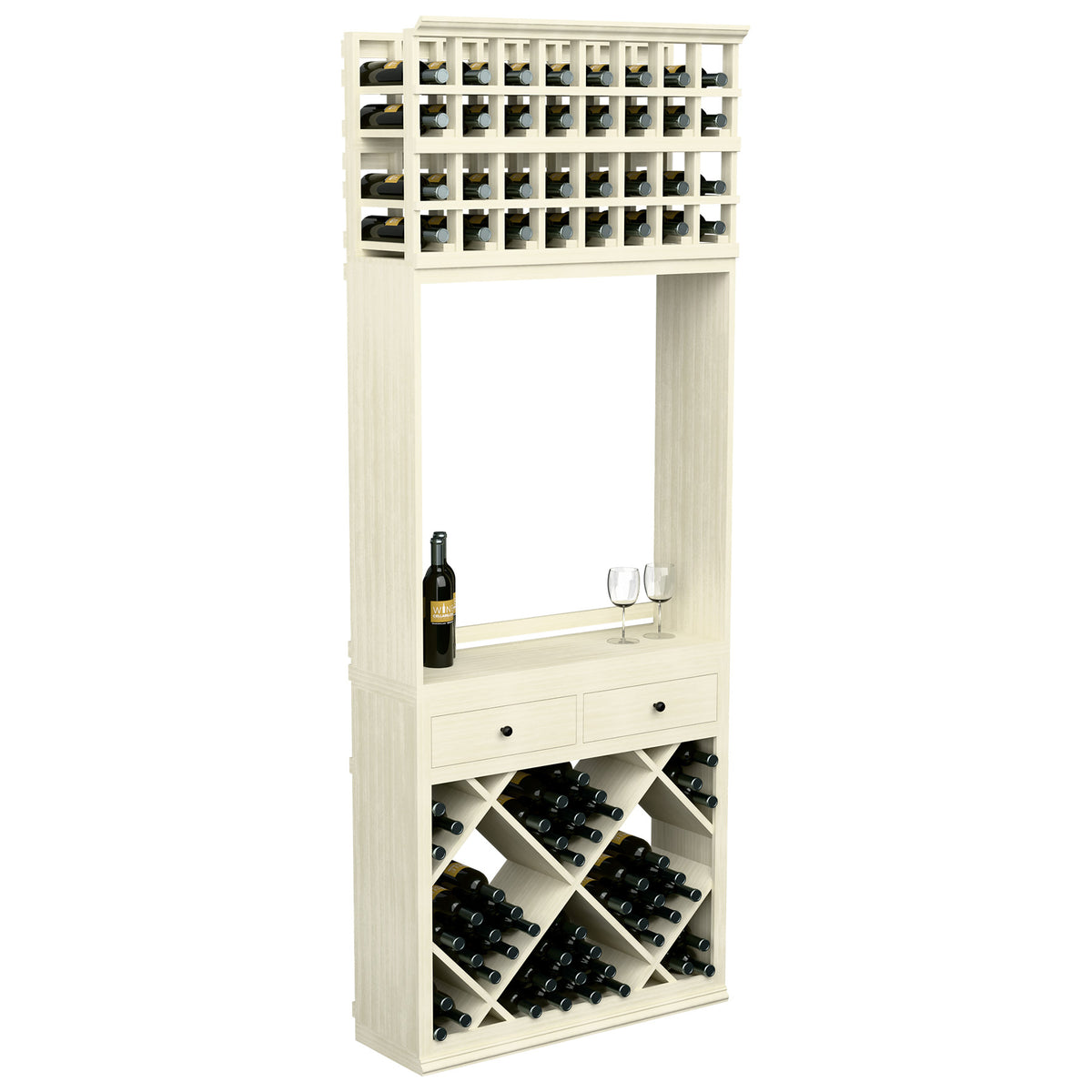 White wine tasting station with drawers, diamond wine racks, bottle and two glasses