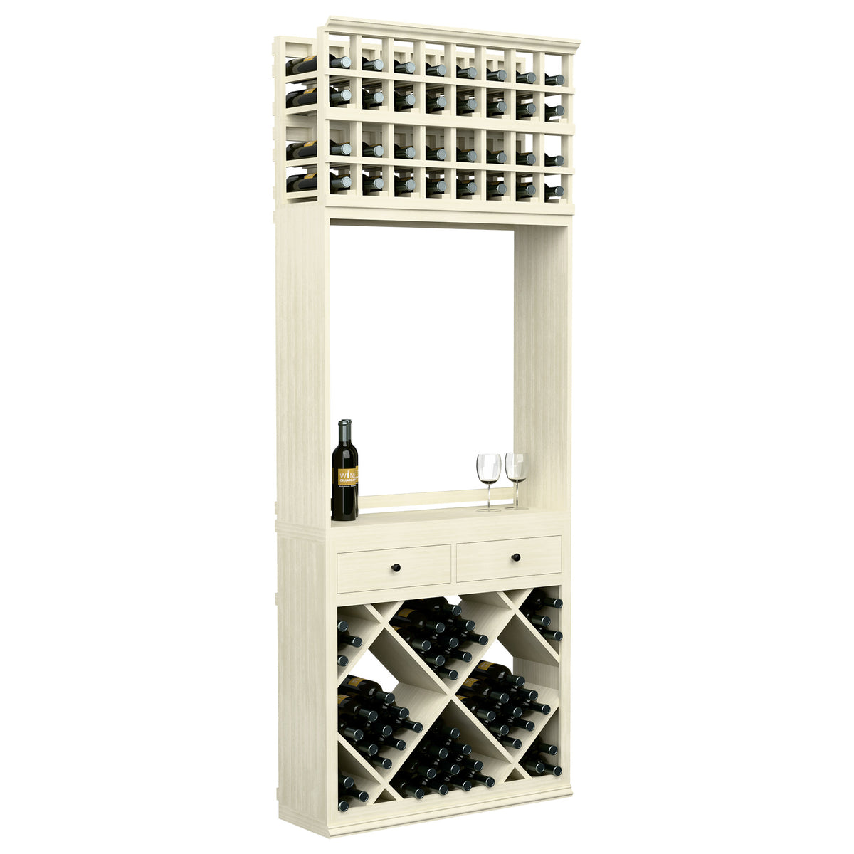 White wine tasting station with open service shelf, drawers, diamond wine racks
