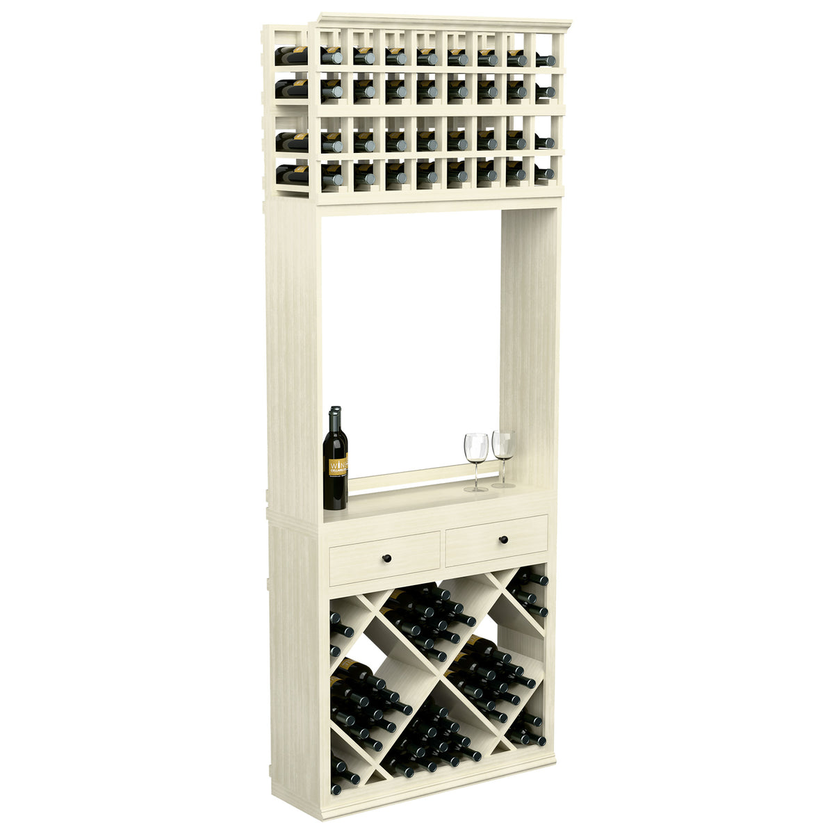 White wine tasting station with top wine rows, drawers, diamond wine racks
