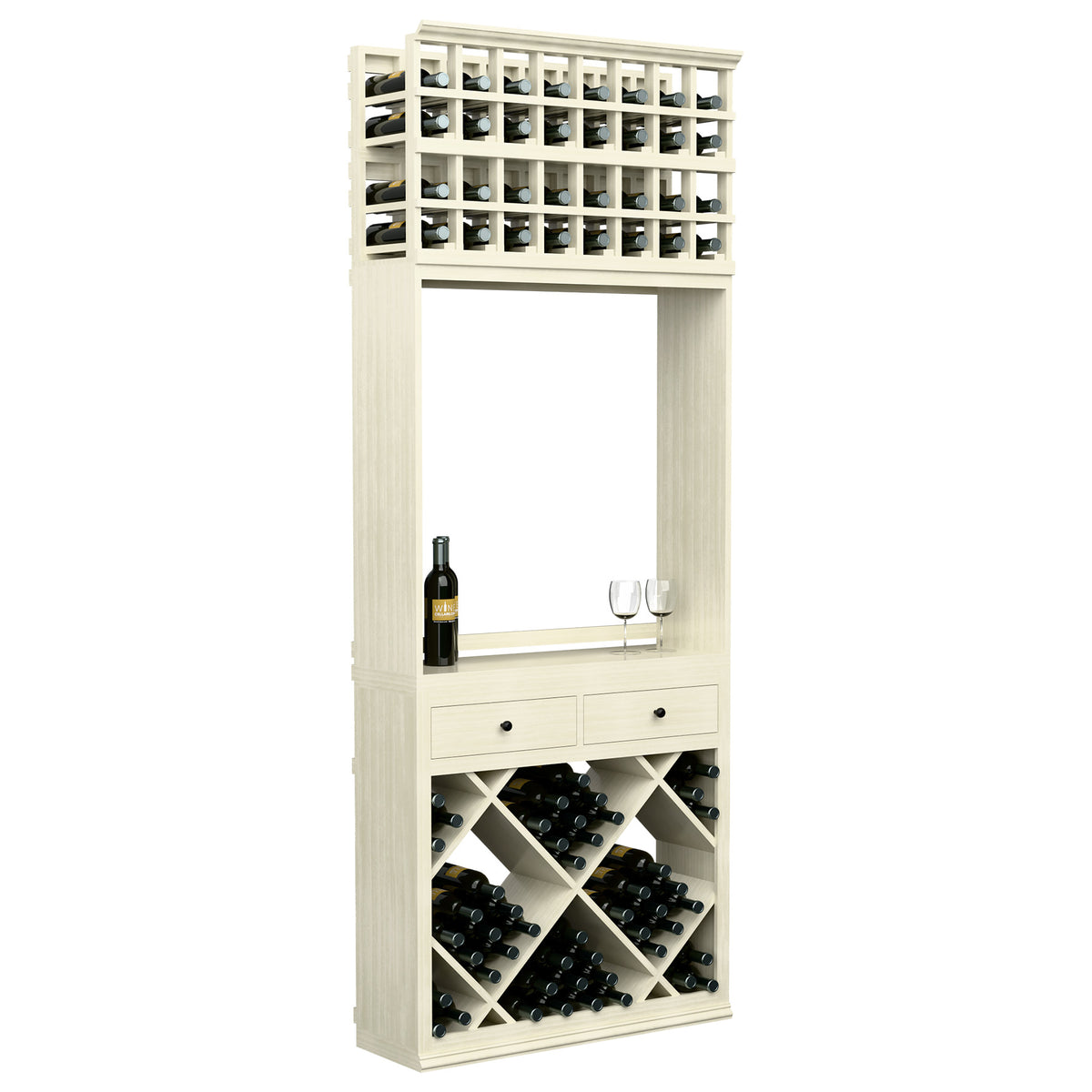 White wine tasting station with drawers and diamond wine racks, bottle and two glasses
