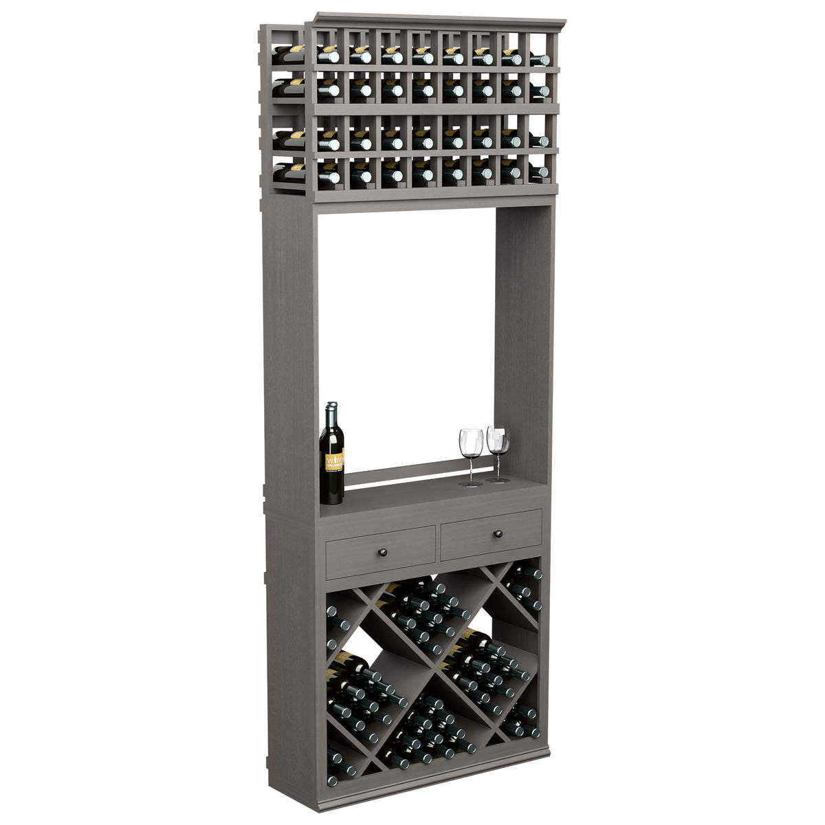 Dark wine tasting station cabinet with diamond wine rack, drawers, bottle and glass holders