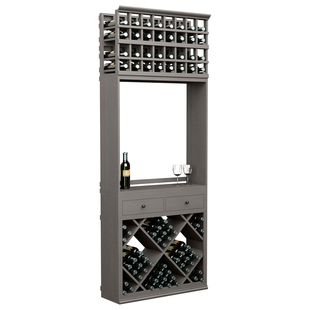 Dark wine tasting station cabinet with diamond wine rack, drawers, bottle and glass holders
