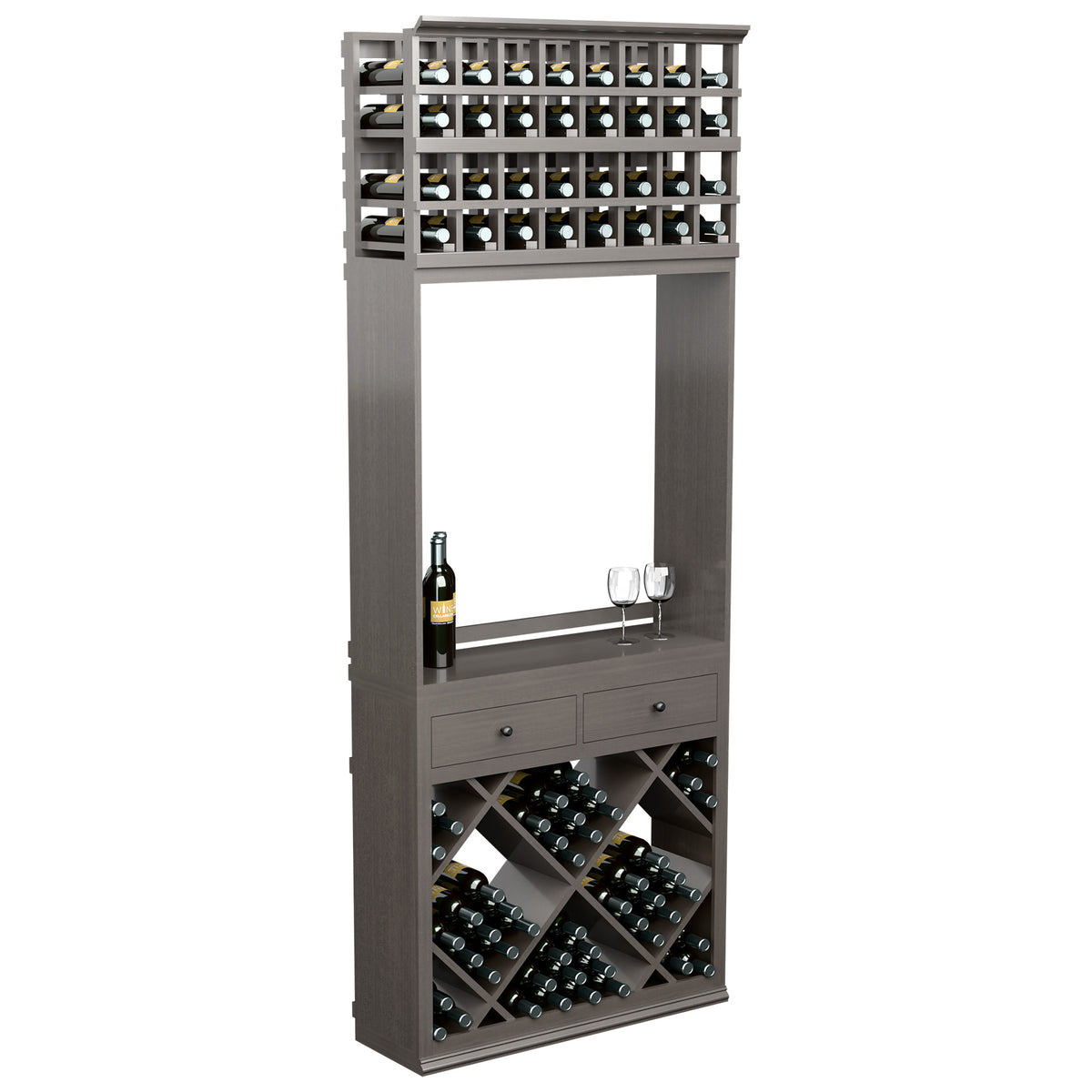 Dark wine tasting station cabinet with diamond wine rack, drawers, bottle and glass holders