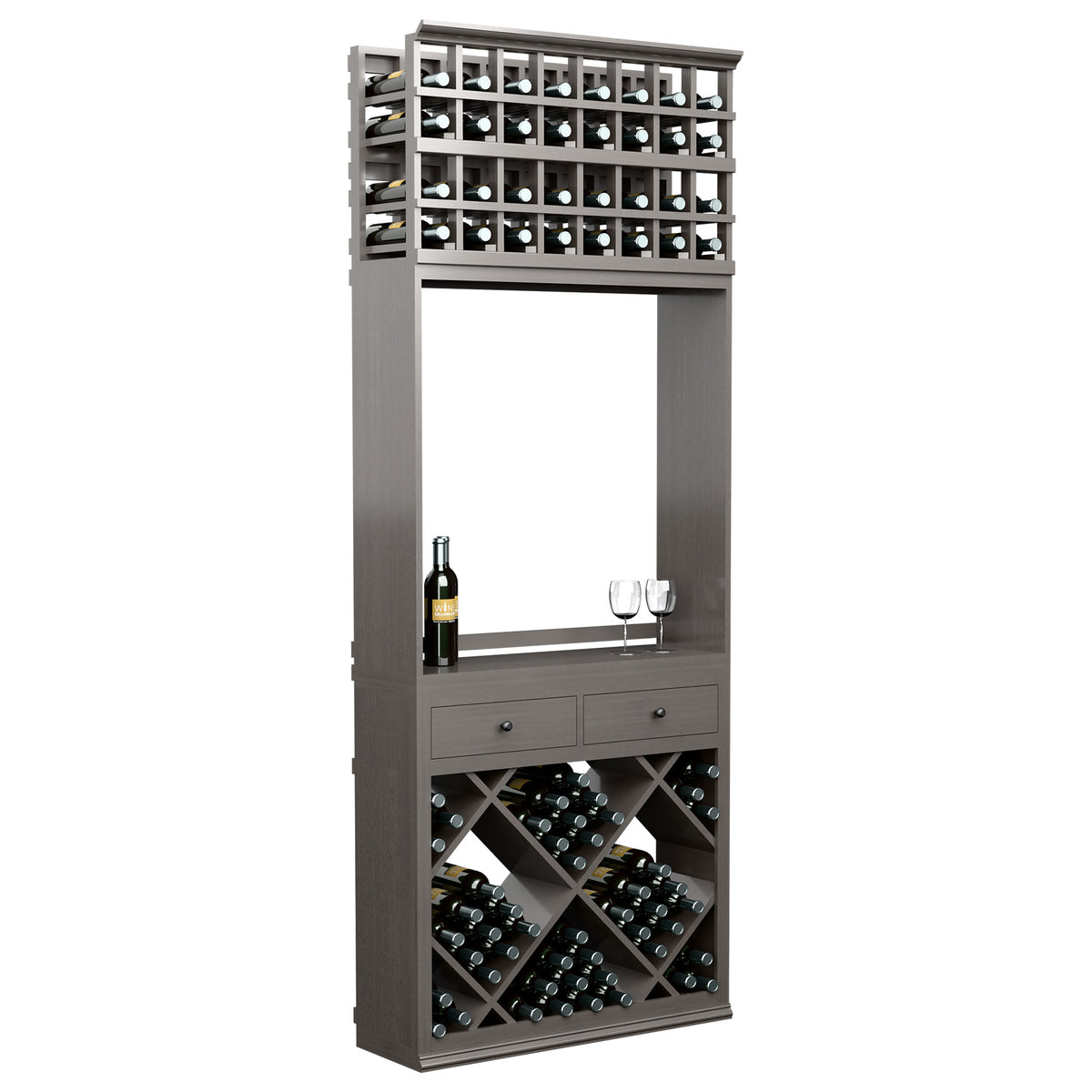 Dark wine tasting station cabinet with diamond wine rack, drawers, bottle and glass holders