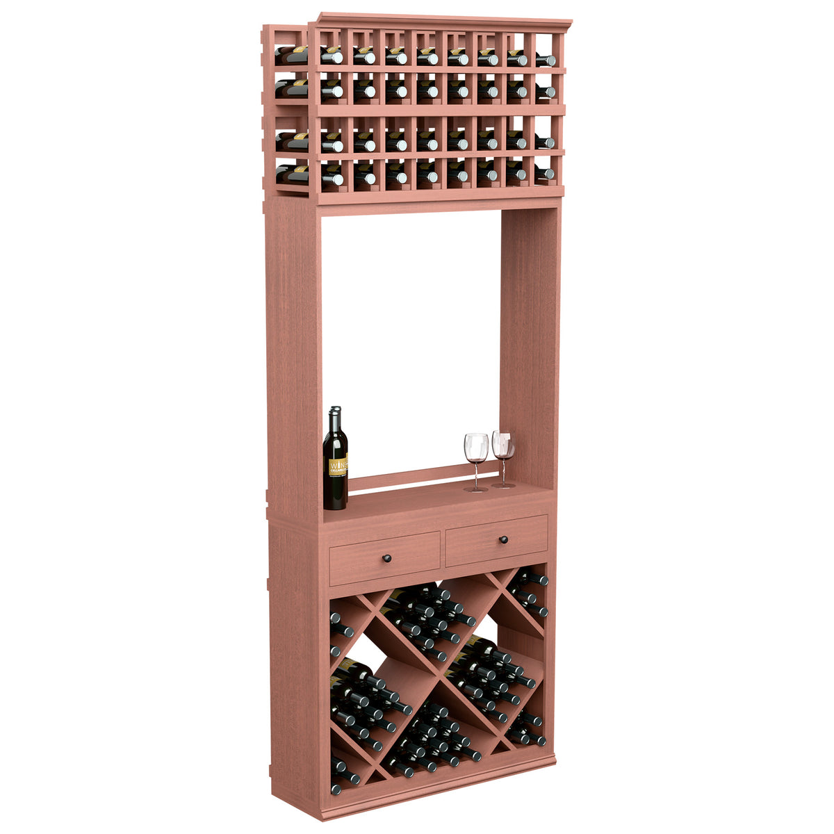 Red wood wine tasting station cabinet with diamond wine rack, drawers, bottle and glass holders