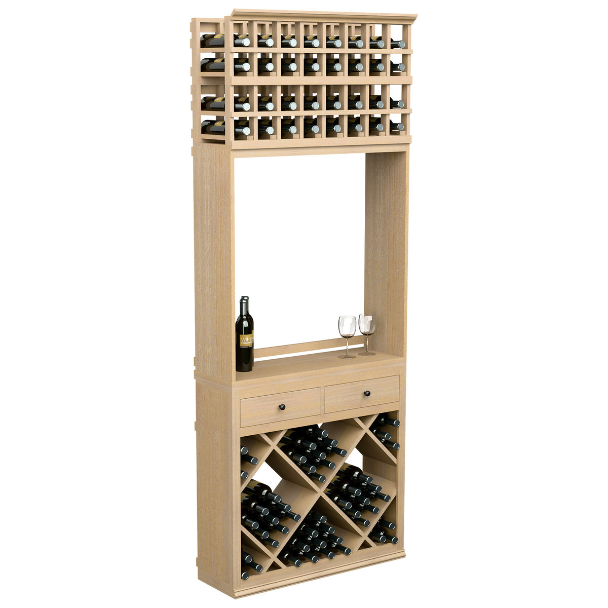 Light wood wine tasting station cabinet with diamond wine rack, drawers, bottle and glass holders