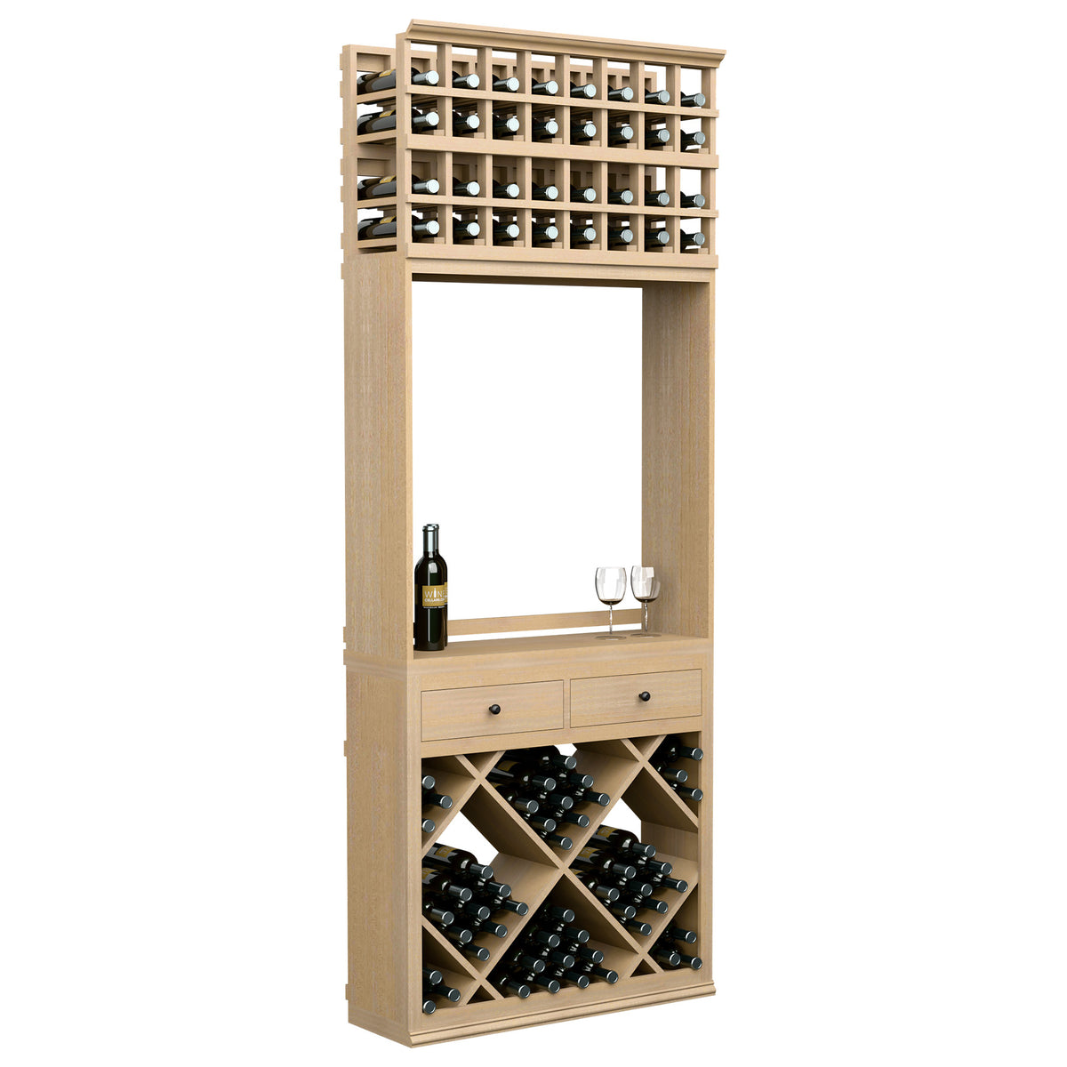 Light wood wine tasting station cabinet with diamond wine rack, drawers, bottle and glass holders