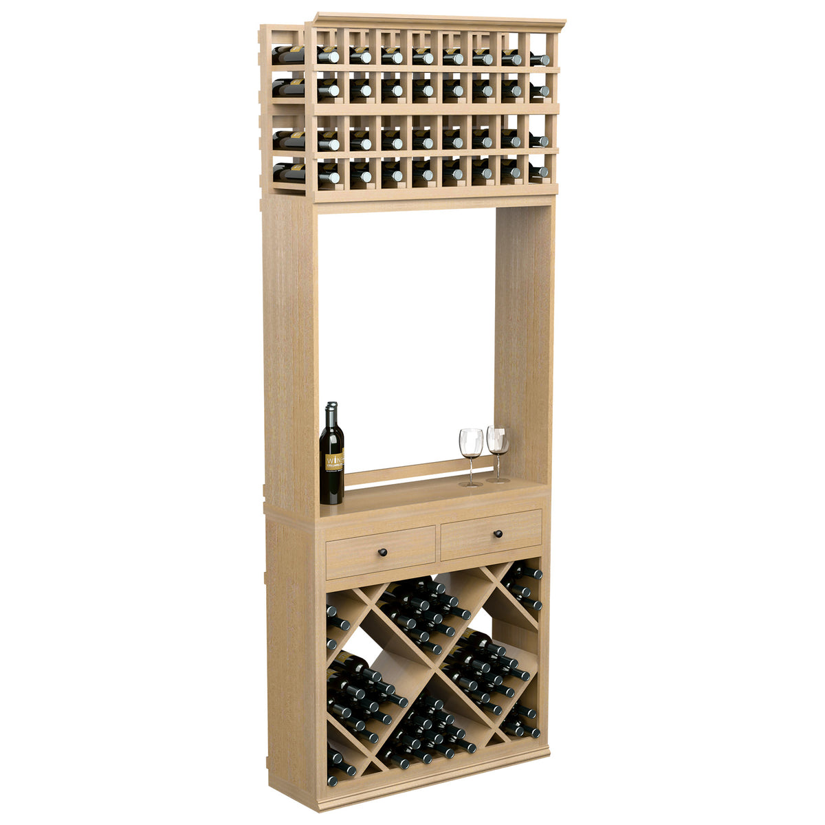 Light wood wine tasting station with top bottle rack, drawers, and glass holders