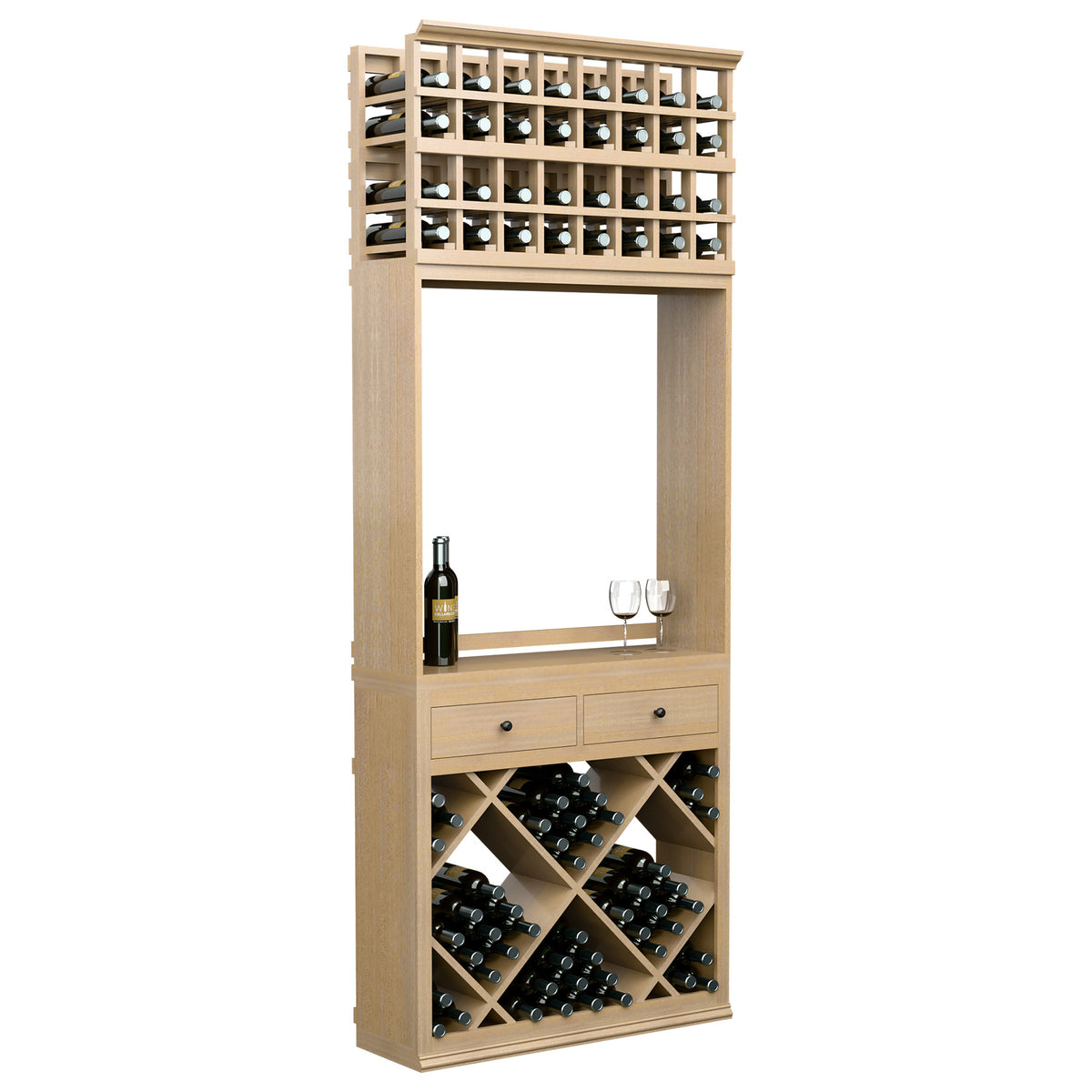 Light wood wine tasting station with top bottle rack, open counter, and storage drawers