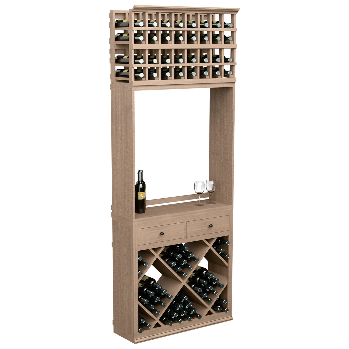 Light wood wine tasting station with bottle cubby storage, drawers, and glass stand