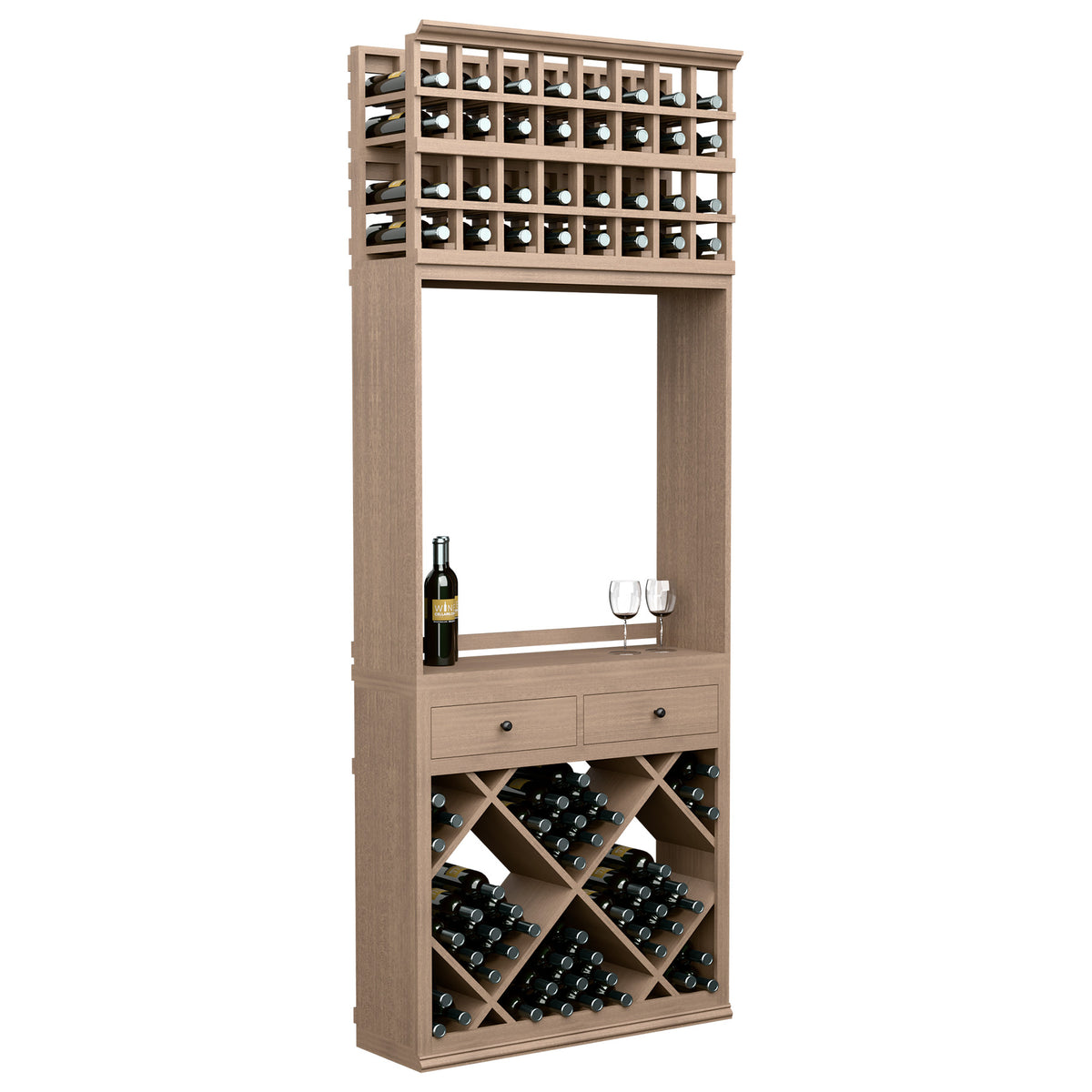 Light wood wine tasting station with top bottle rack, two drawers, and open serving area