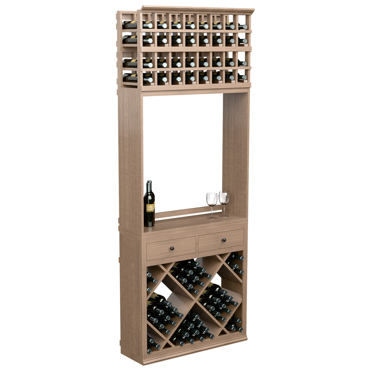 Light wood wine tasting station featuring top wine rack, bottle storage cubbies, and drawers