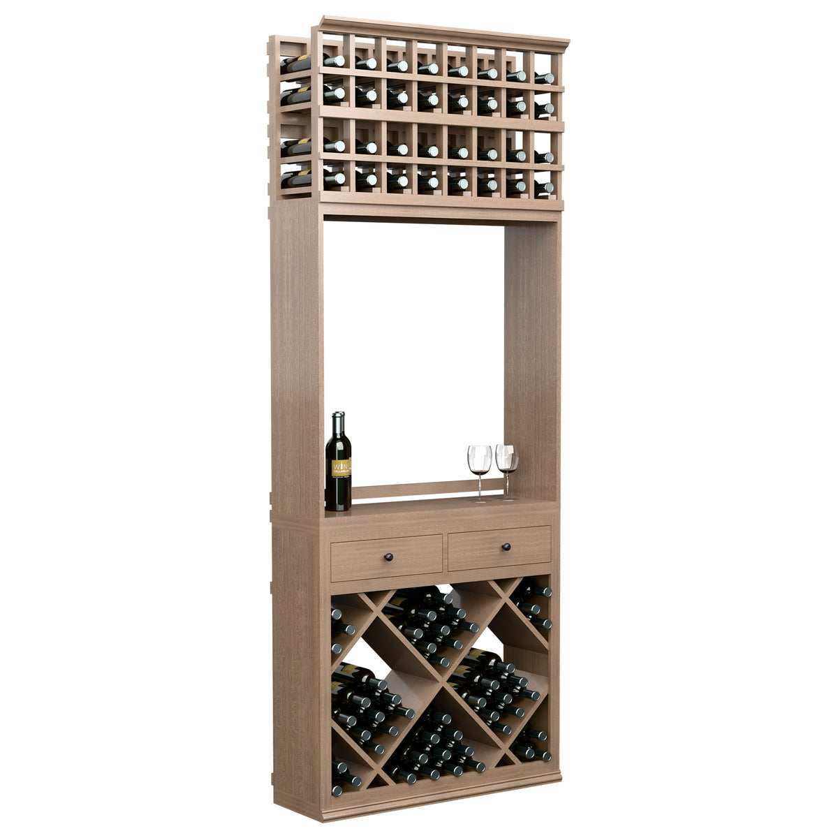 Light wood wine tasting station with top bottle rack, open center shelf, and two drawers