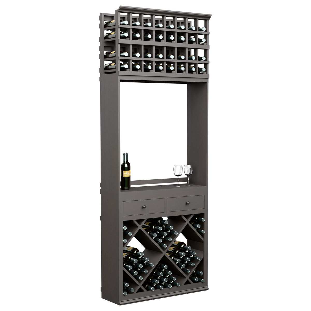 Dark wood wine tasting station with top bottle rack, open counter shelf, and storage drawers