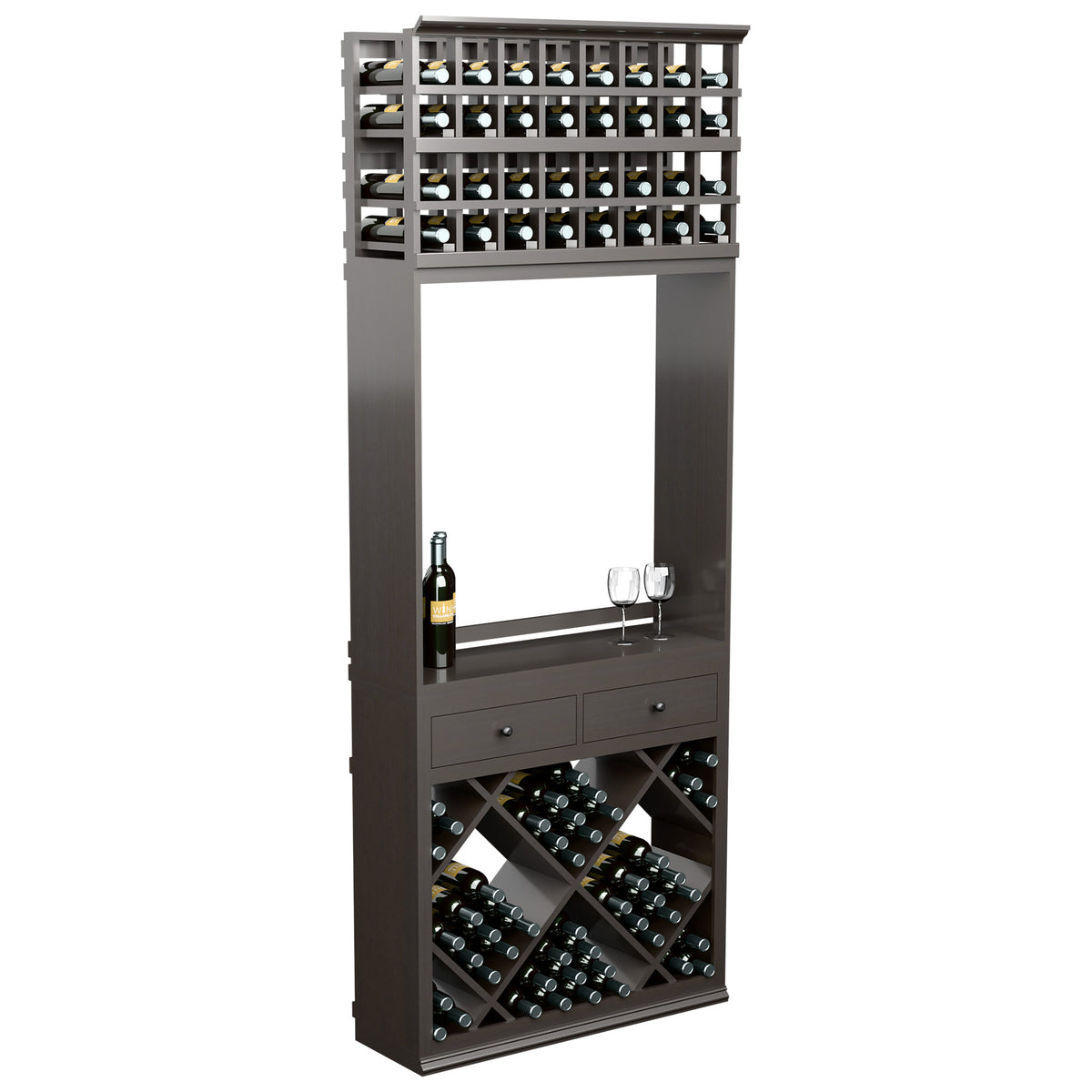 Dark wood wine tasting station with bottle cubby storage, drawers, and glass stand