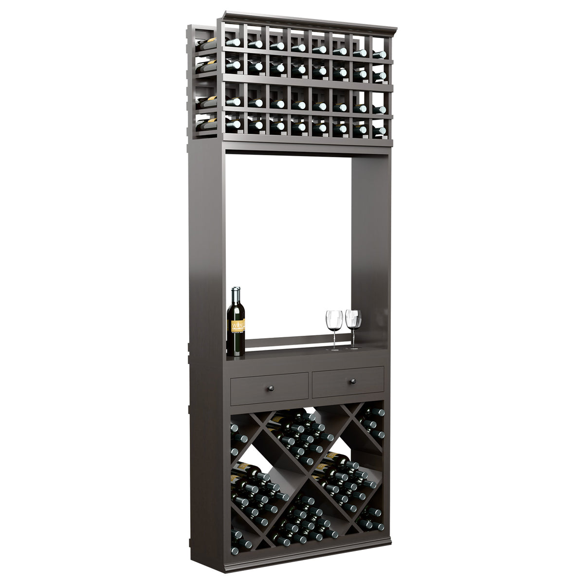 Dark wood wine tasting station with top bottle rack, two drawers, and open serving area