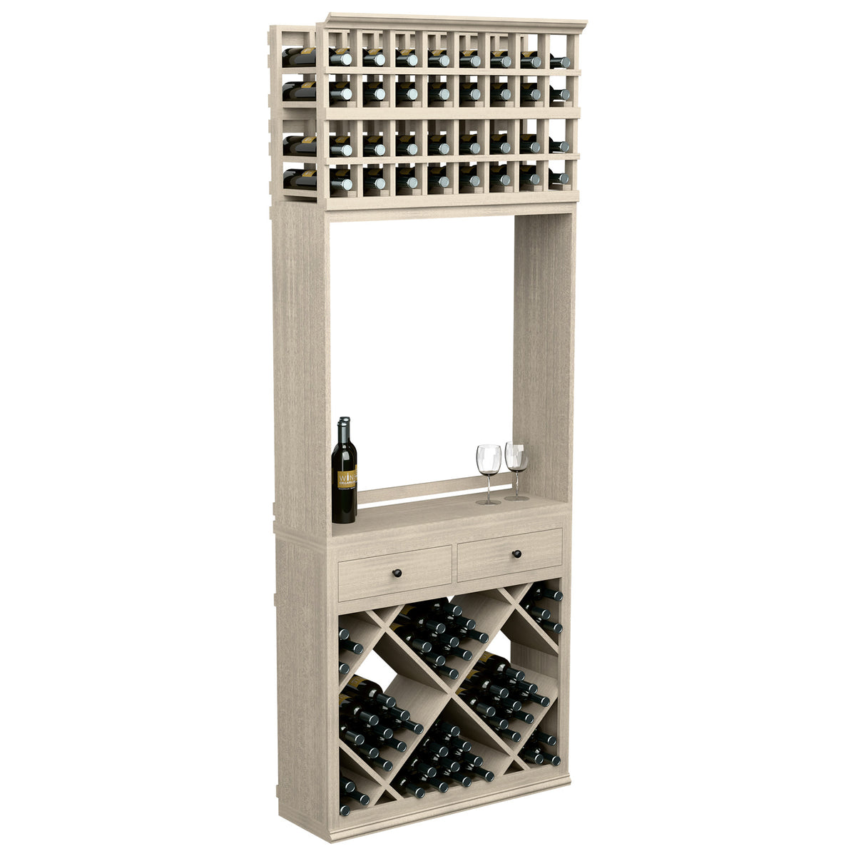 Wine tasting station with bottle racks, two drawers, and glass ledge; light grey wood