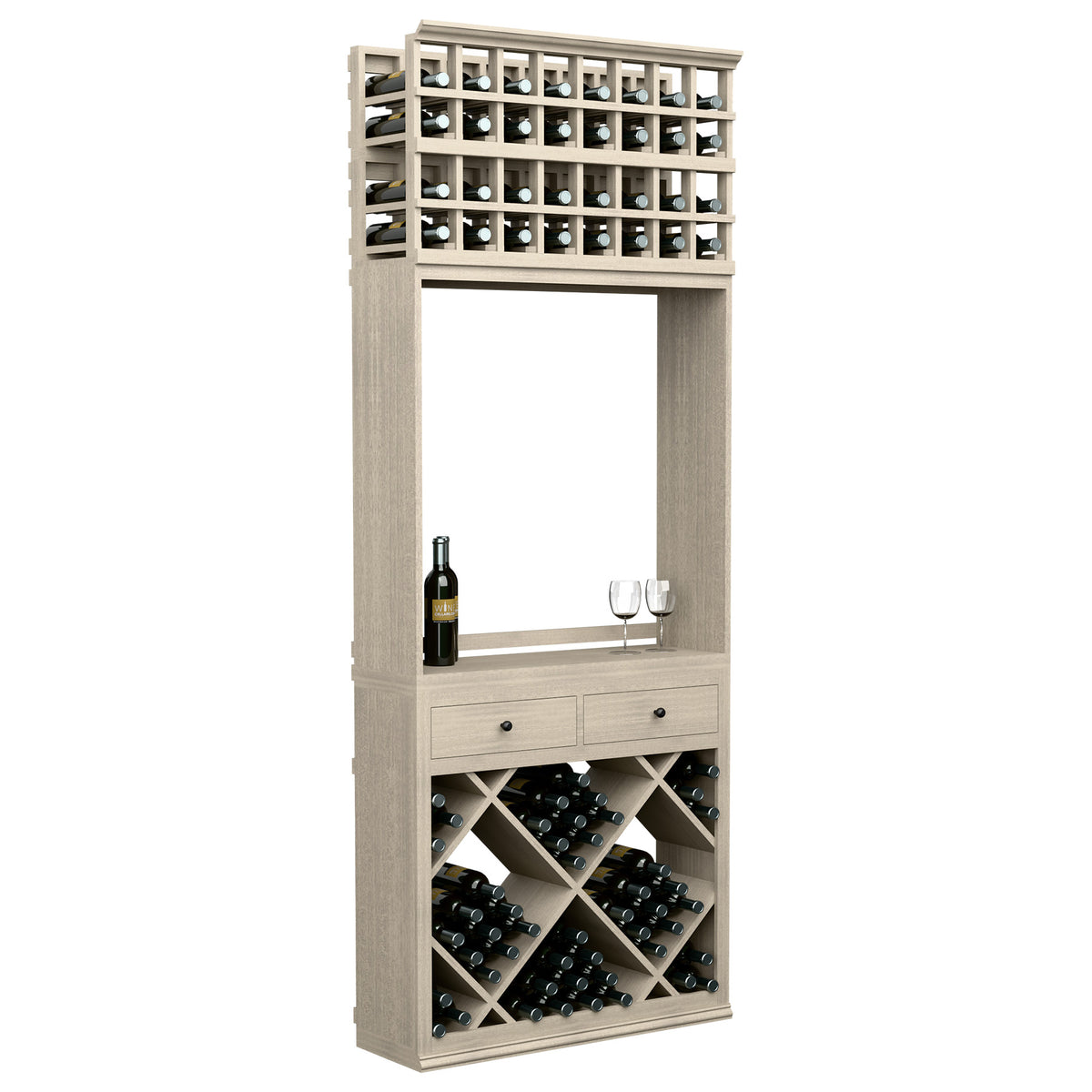 Wine tasting station with bottle racks, two drawers, and glass pour ledge; light grey wood