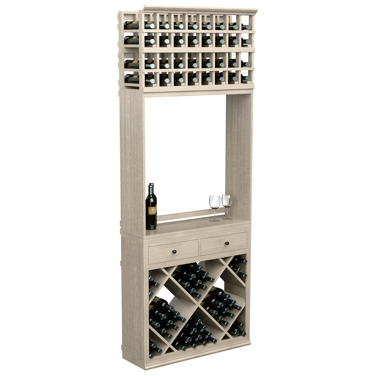 Wine tasting station with bottle racks, two drawers, and glass holder; light grey wood
