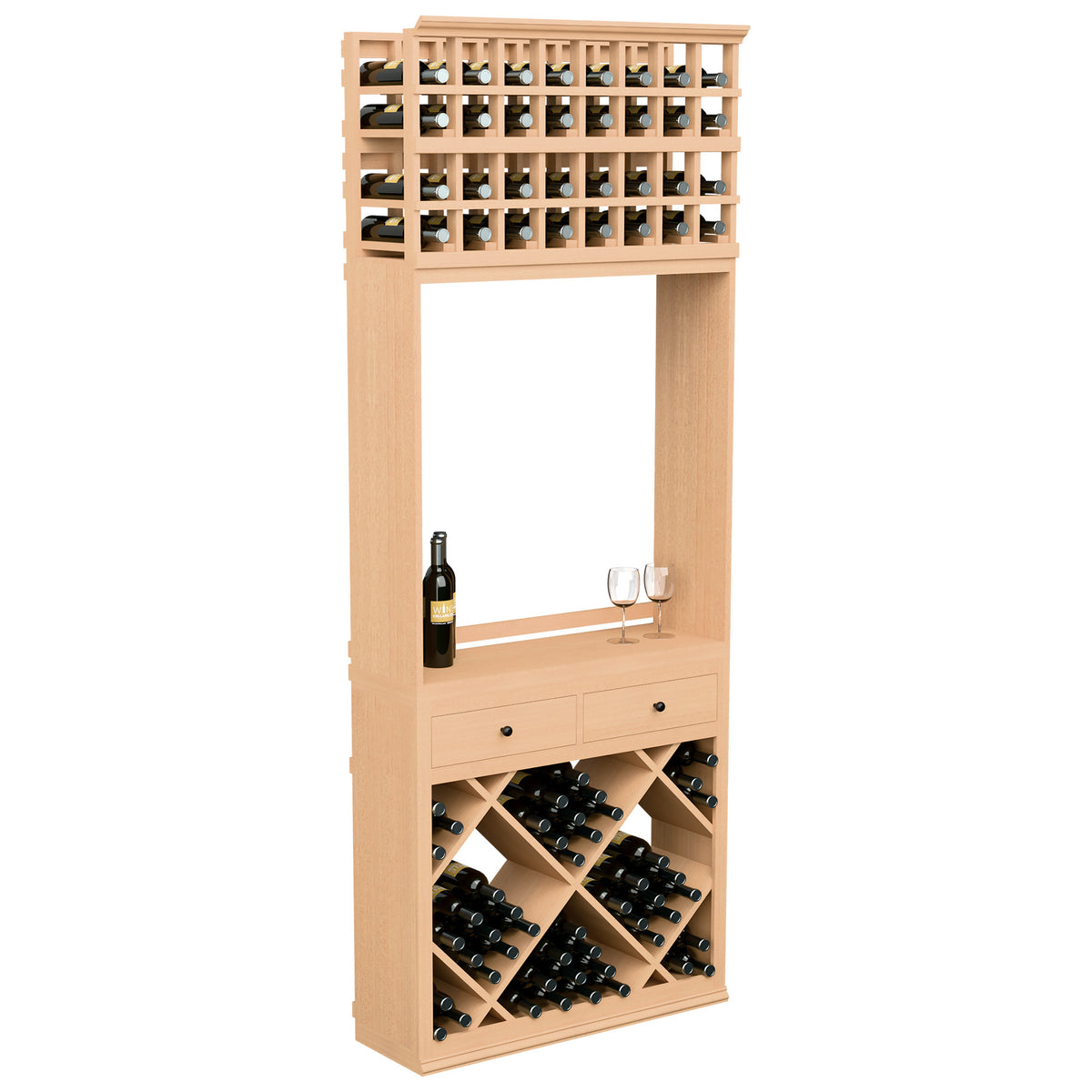 Wine tasting station with bottle racks, two drawers, and glass ledge; light natural wood