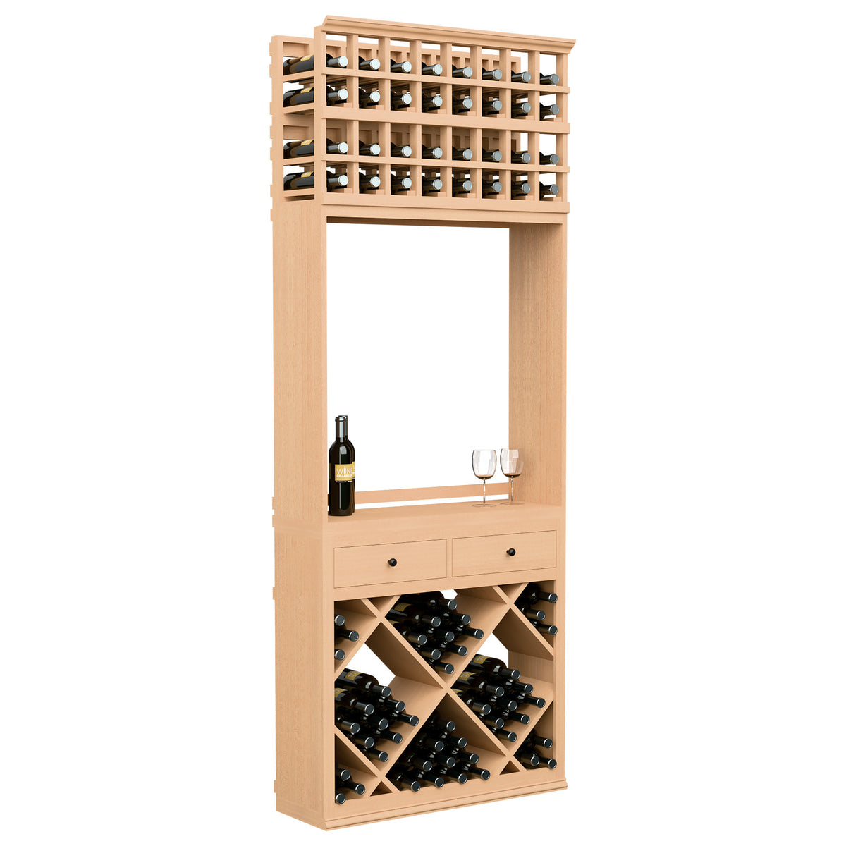 Wine tasting station with bottle racks, two drawers, and glass holder; light natural wood