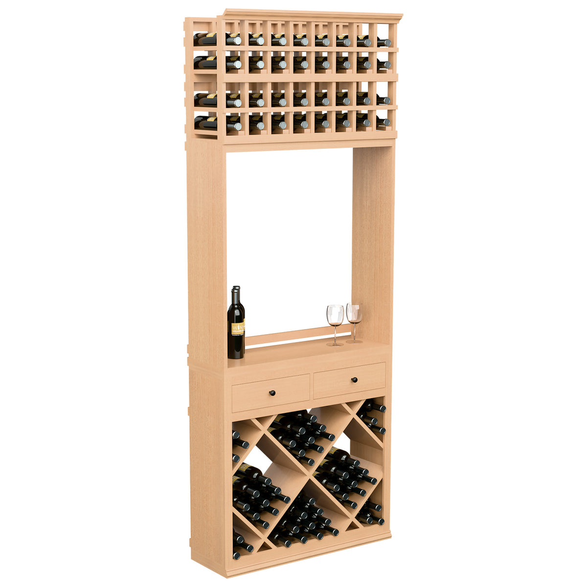 Wine tasting station with bottle racks, two drawers, and glass ledge; light natural wood