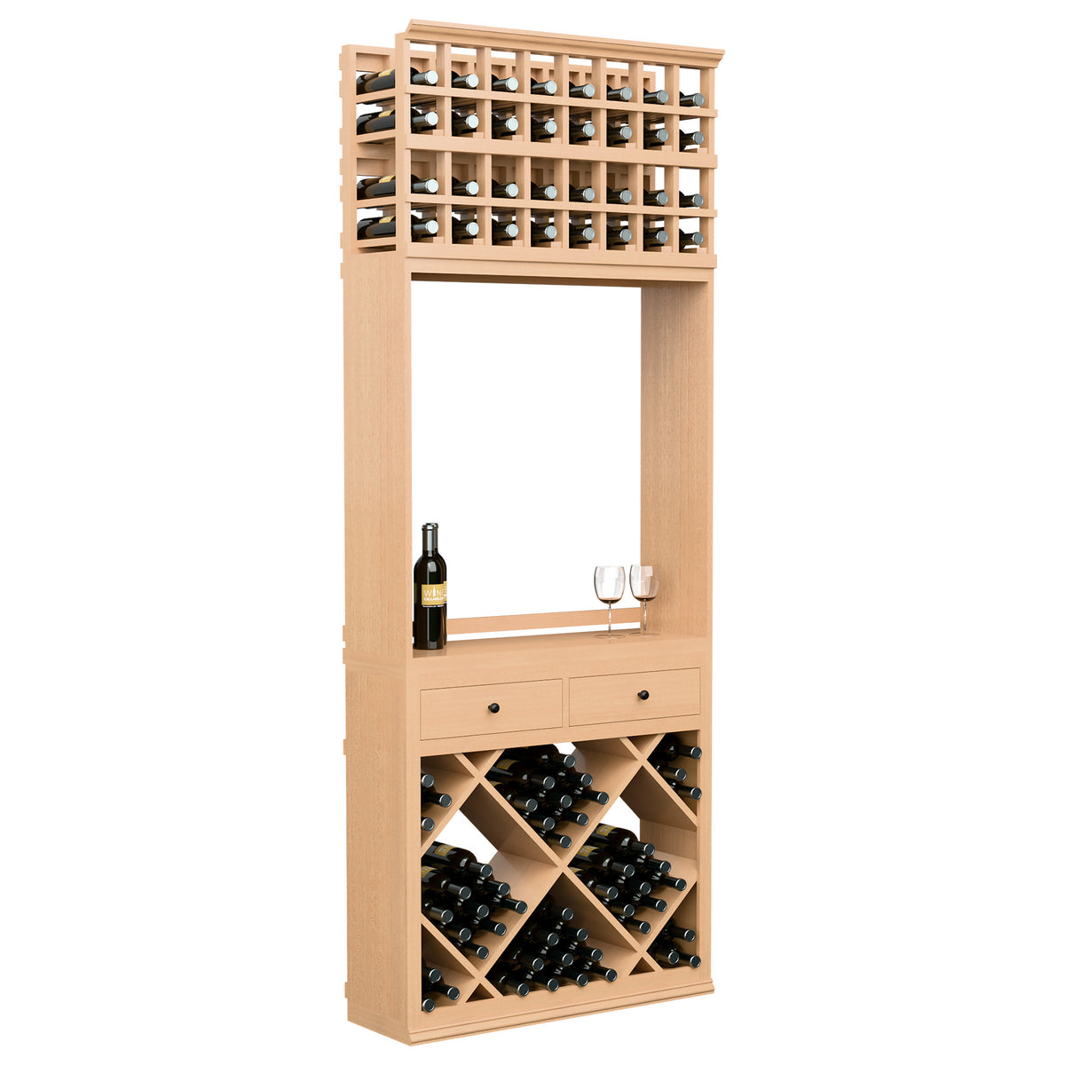 Wine tasting station with bottle racks, two drawers, and glass holder; light natural wood