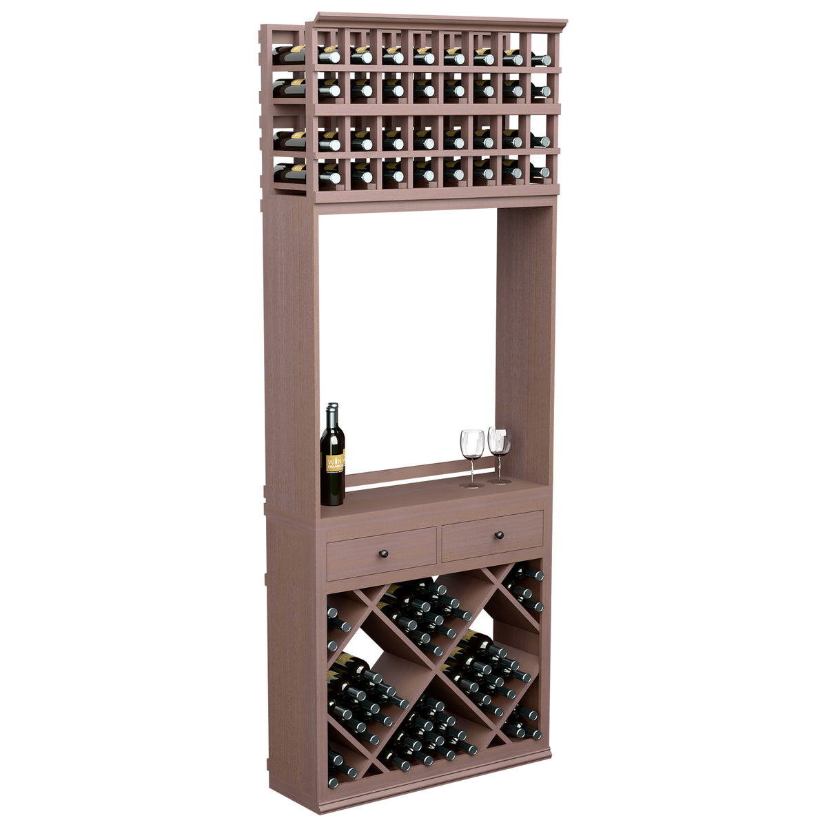 Wine tasting station with bottle racks, two drawers, and glass ledge; dark brown wood