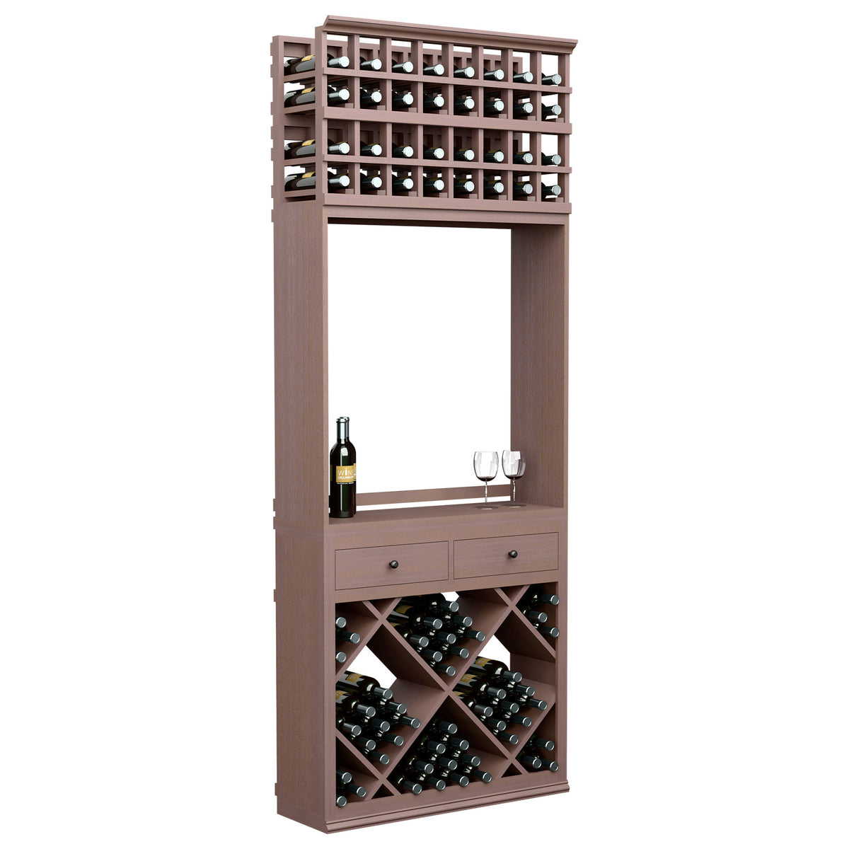 Wine tasting station with bottle racks, two drawers, and glass holder; dark brown wood