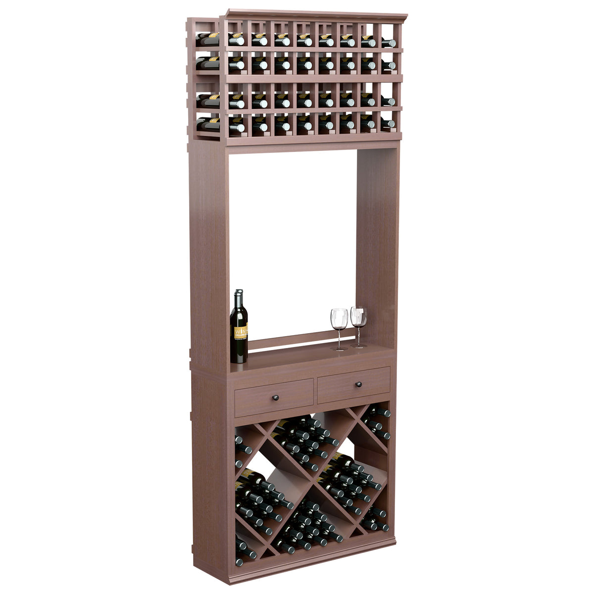 Dark wood wine tasting station with diamond bottle bins, drawers, and glass holder.