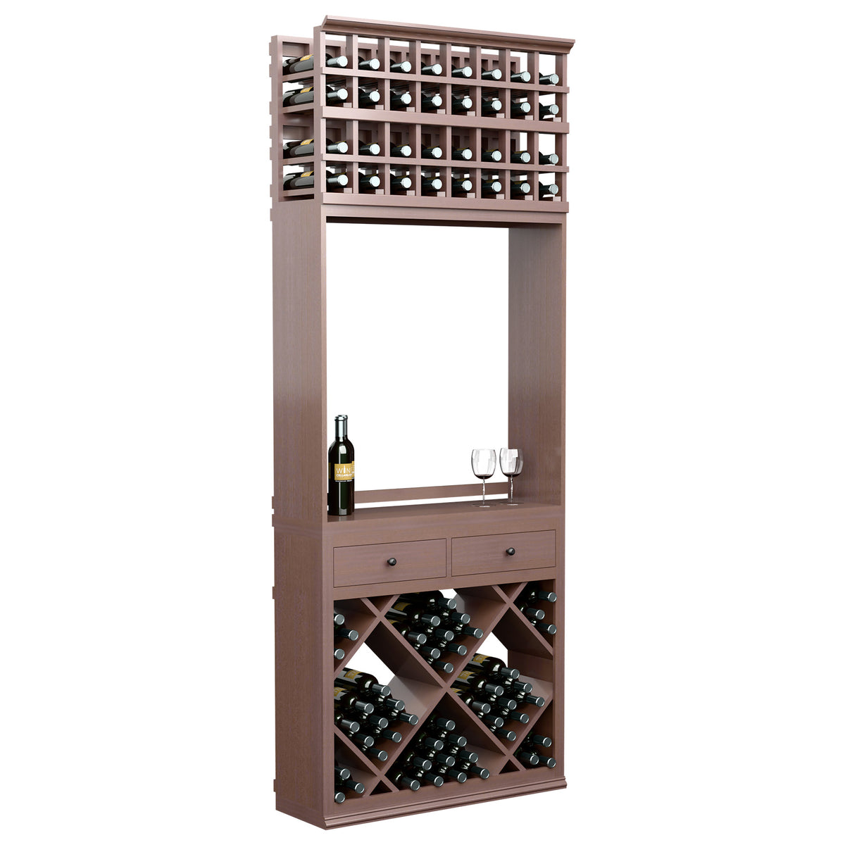 Dark wood wine tasting station with diamond bottle storage, drawers, and wine glasses.