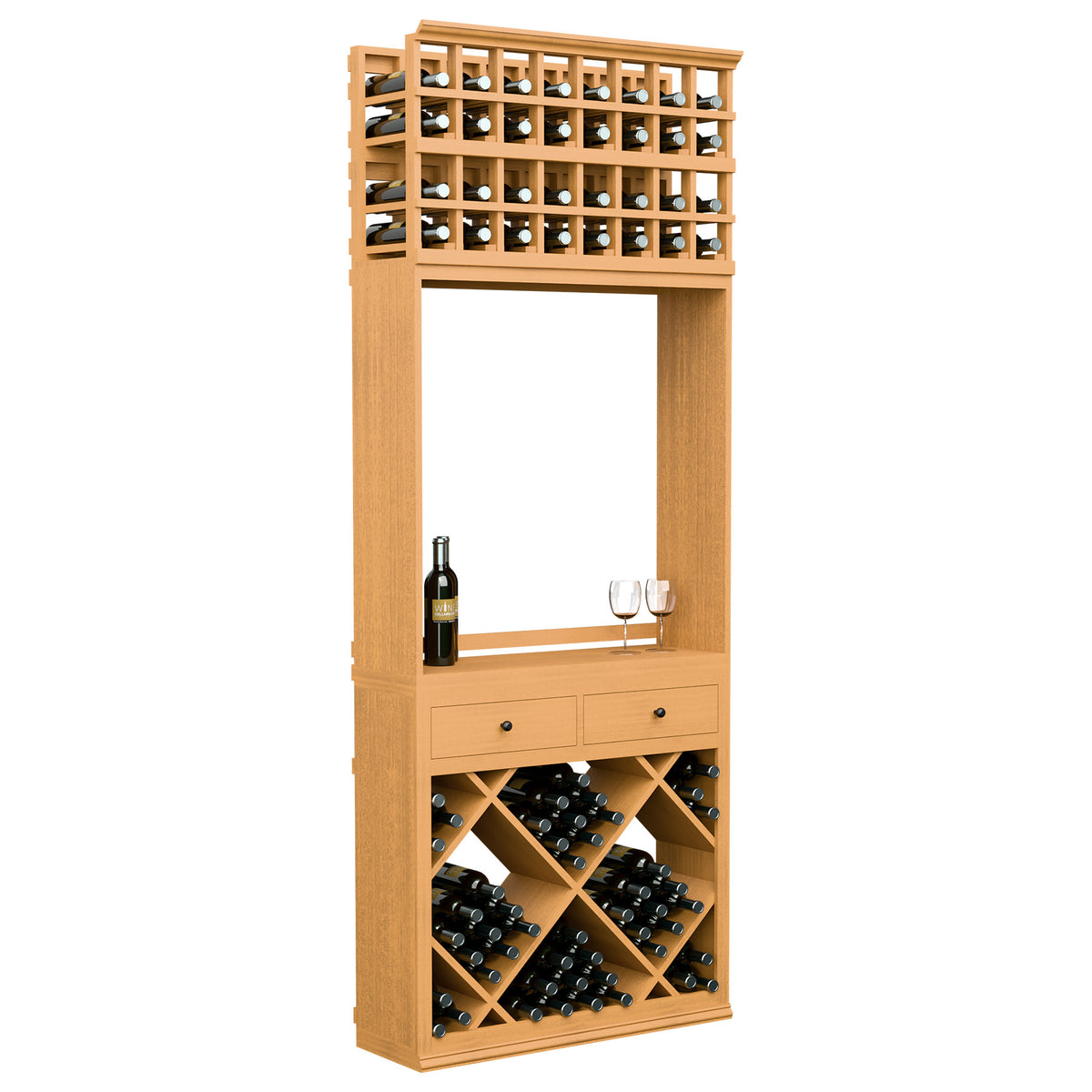 Light wood wine tasting station with diamond bottle storage, drawers, and glass holder.