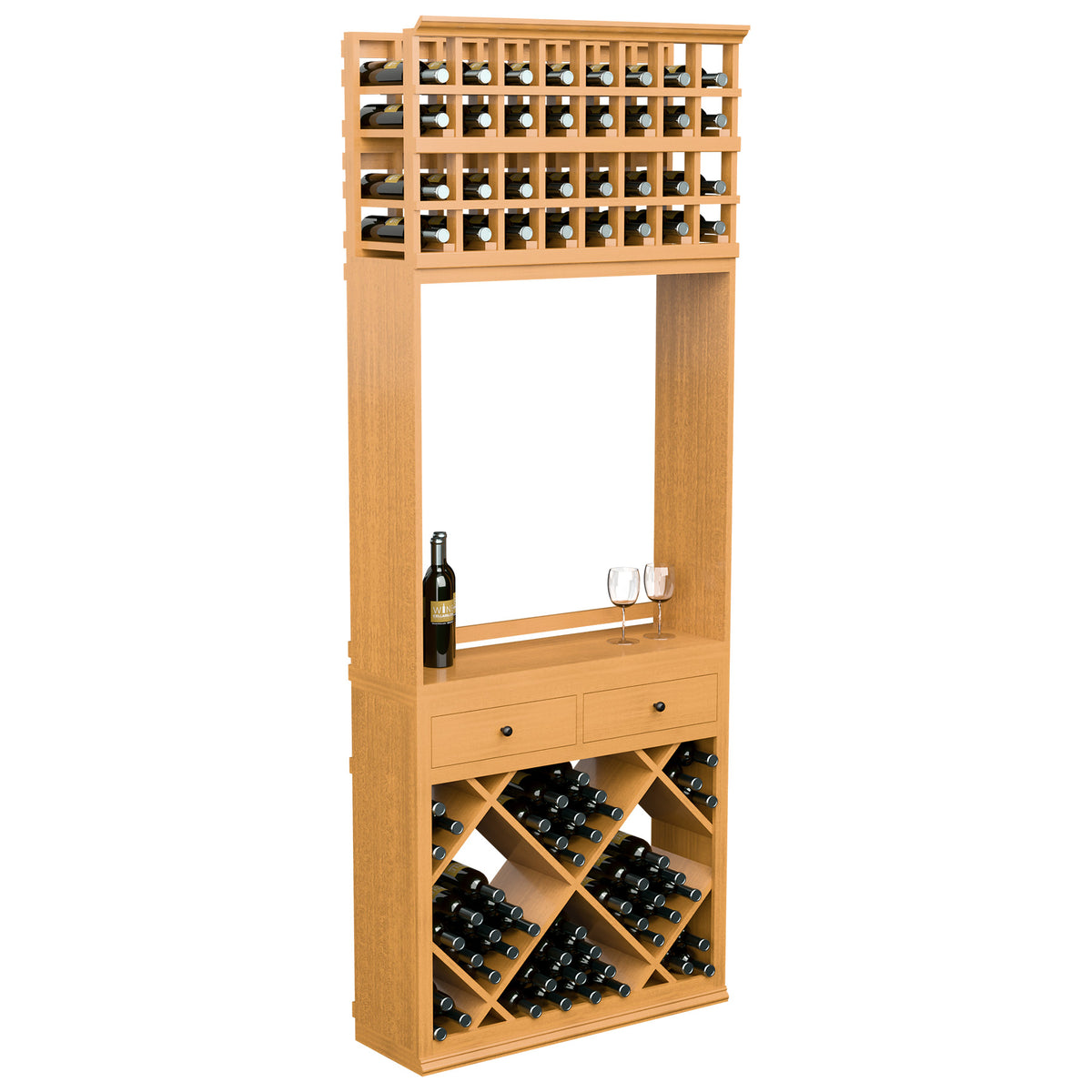 Light wood wine tasting station with diamond bottle bins, two drawers, and glass display.