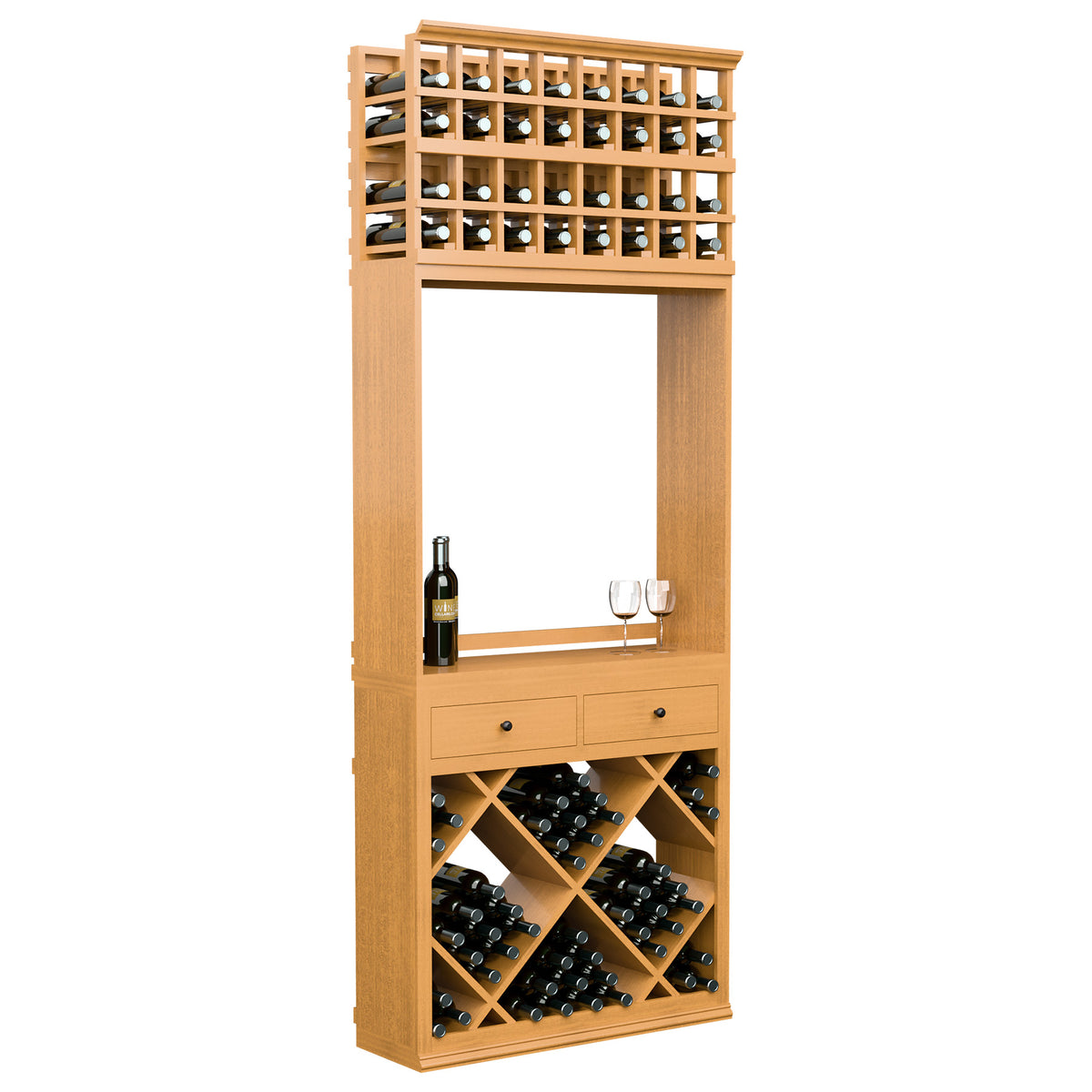 Light wood wine tasting station with diamond bottle storage, drawers, and wine glass rack.