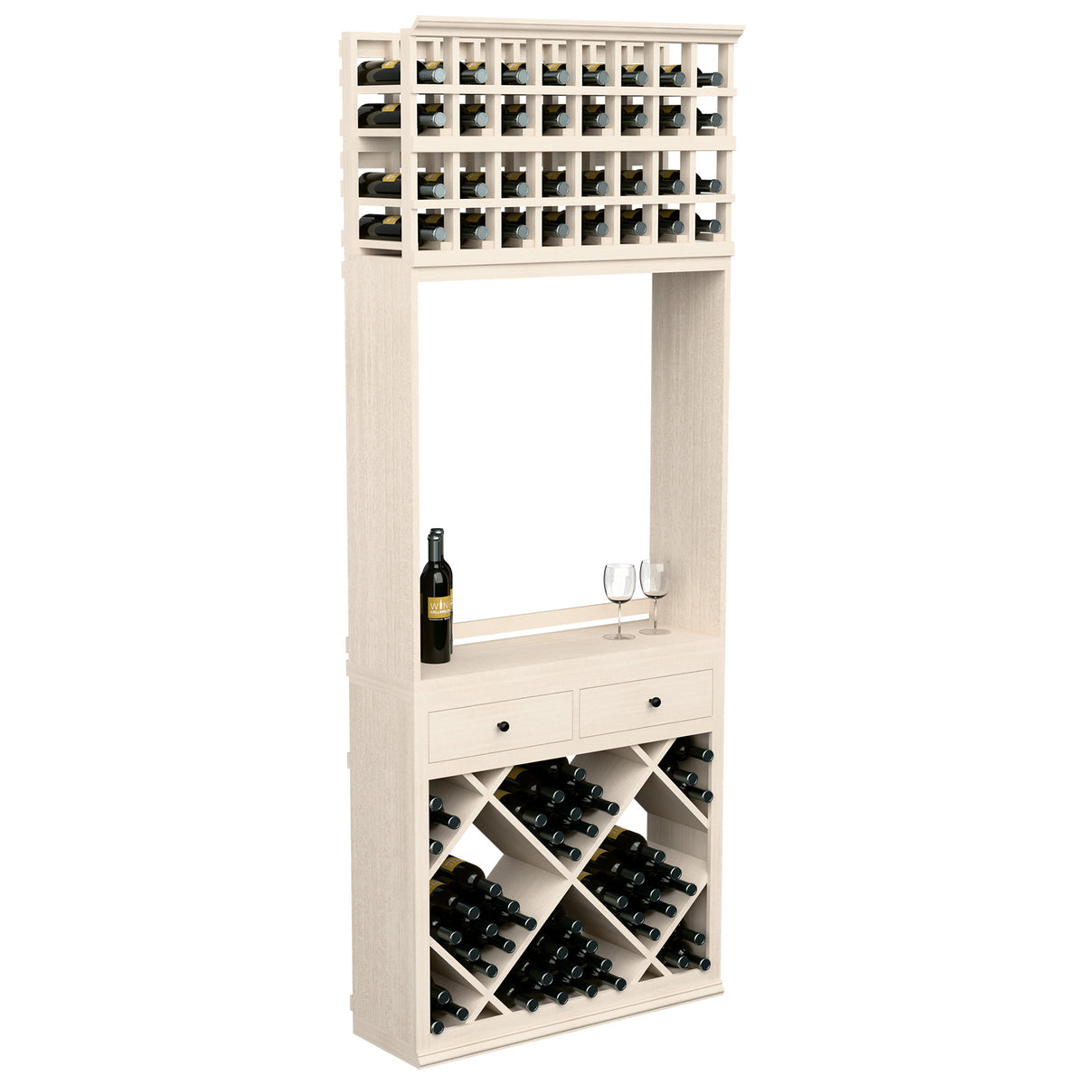 White wine tasting station with diamond bottle bins, drawers, and bottle-and-glass holder.
