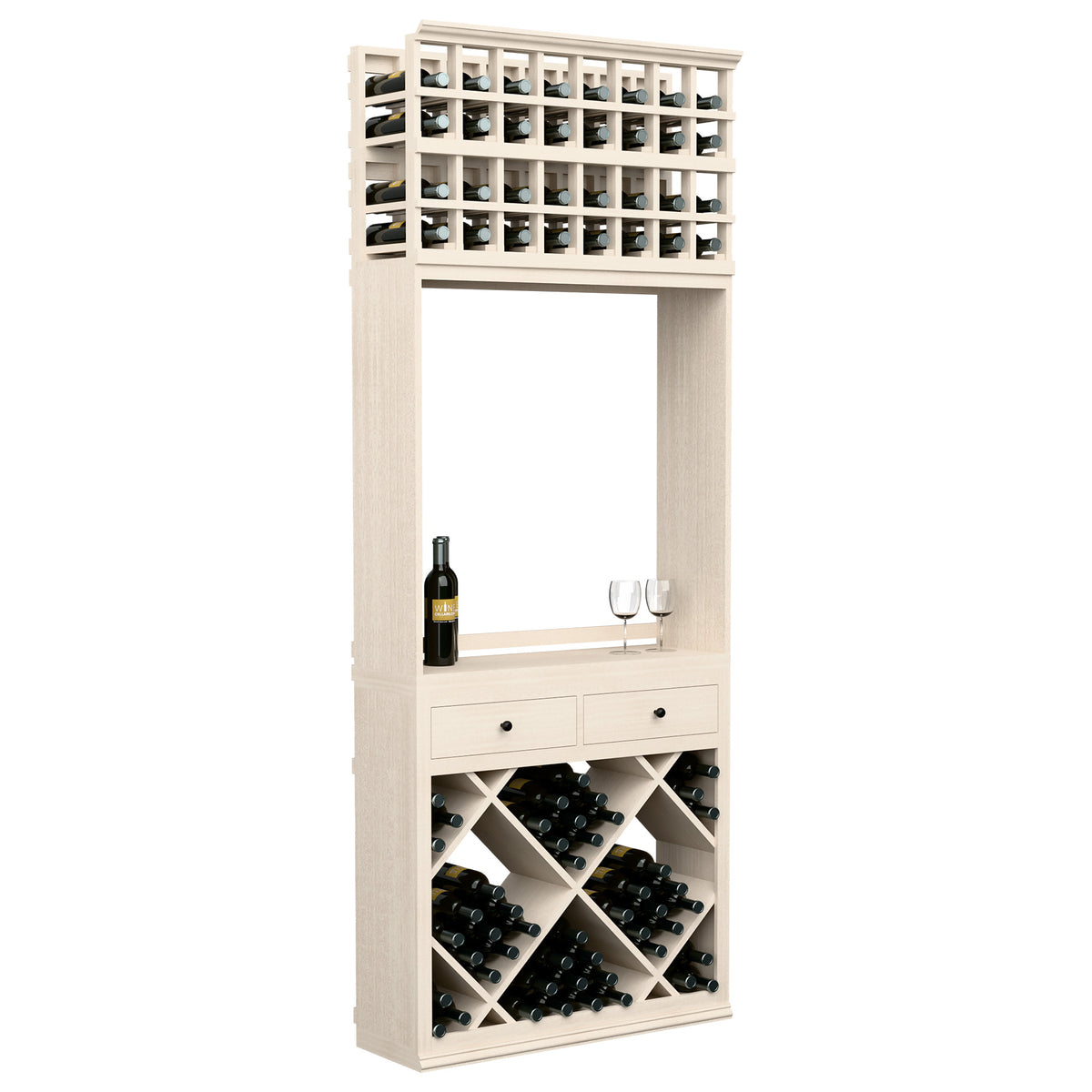 White wine tasting station with diamond bottle storage, drawers, and glass holder rail.
