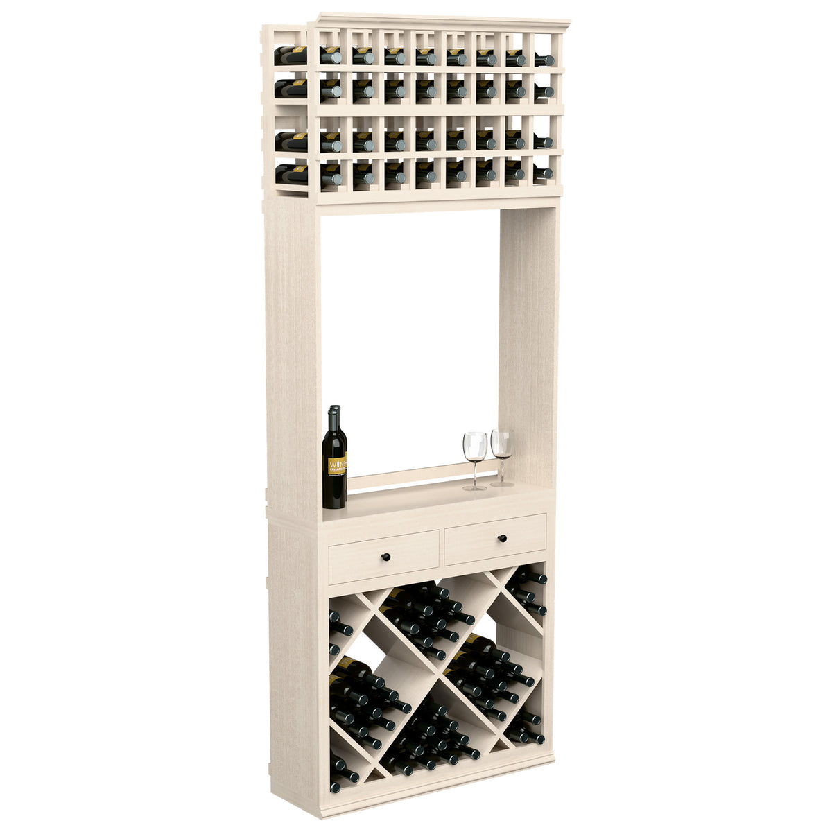 White wine tasting station with diamond bottle bins, drawers, and wine glasses on rack.