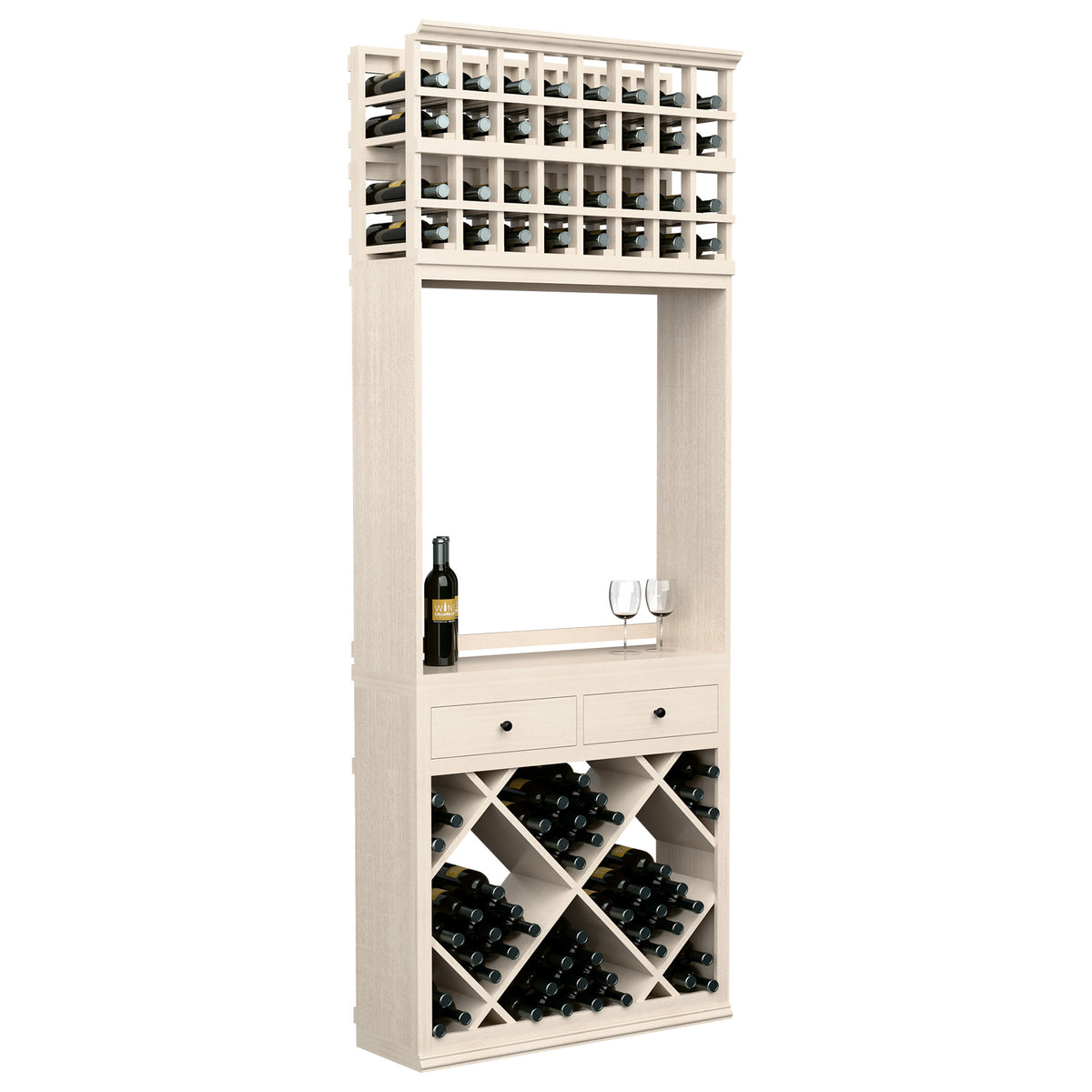 White wine tasting station with diamond bottle storage, drawers, and glass holder.