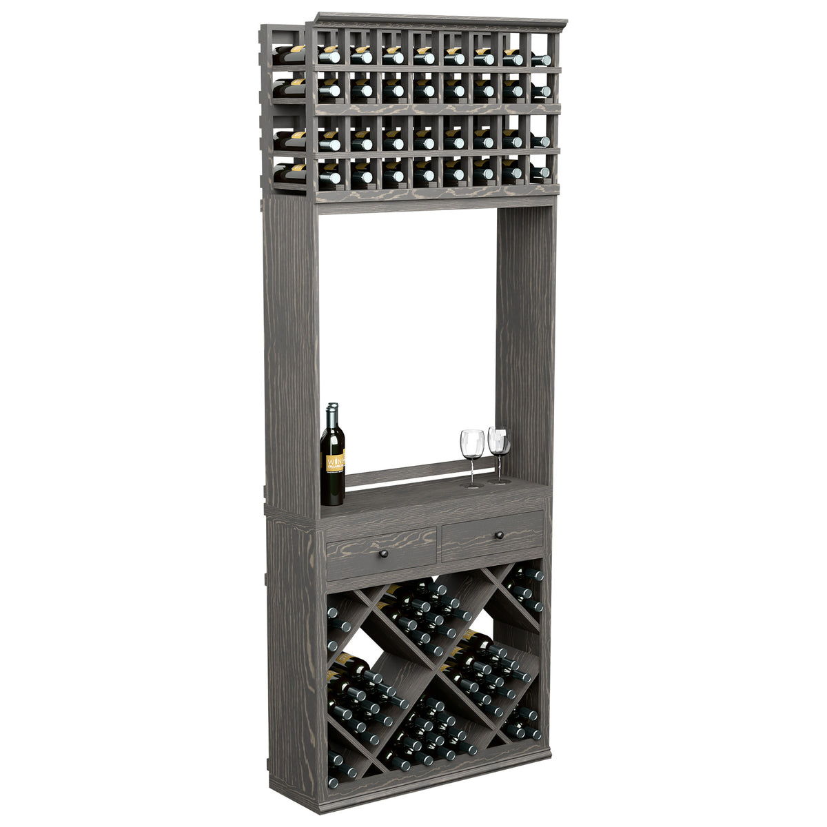 Dark wine tasting station cabinet with diamond bottle racks, drawers, glass holders