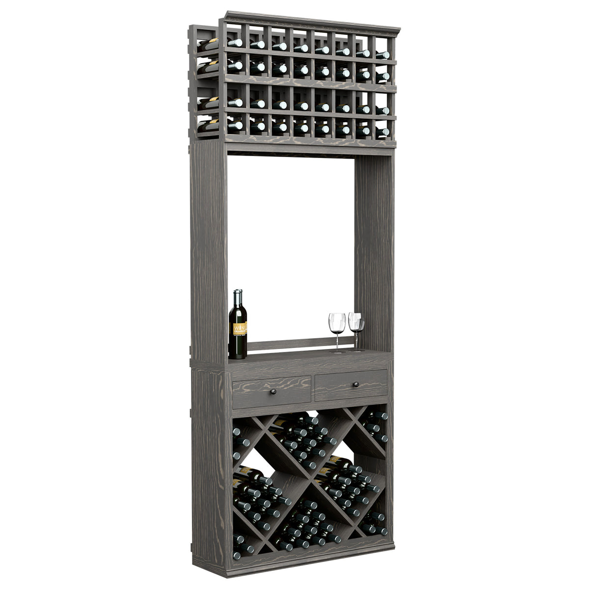 Dark wine tasting station cabinet with diamond bottle racks, two drawers, glass holders