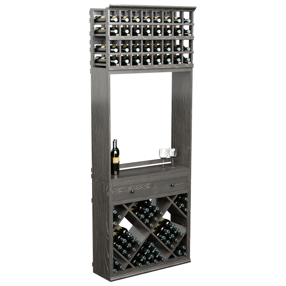 Dark wine bottle tasting station with top bottle grid, diamond bins, drawers, glass rack