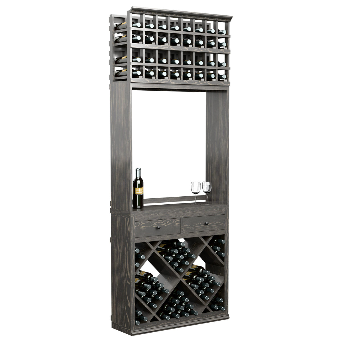 Dark wine storage tasting station with top bottle grid, diamond bins, drawers