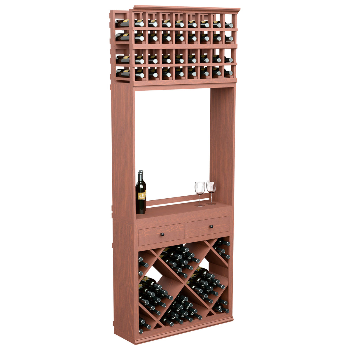 Red wood wine tasting station cabinet with diamond bottle racks, drawers, glass holders