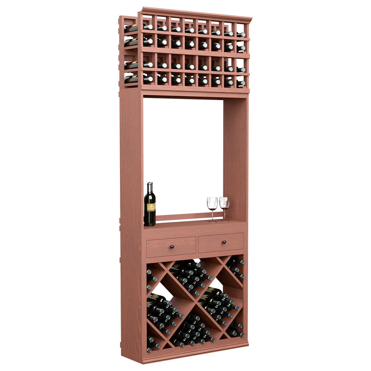 Red wine tasting station cabinet with top bottle grid, diamond bins, two drawers