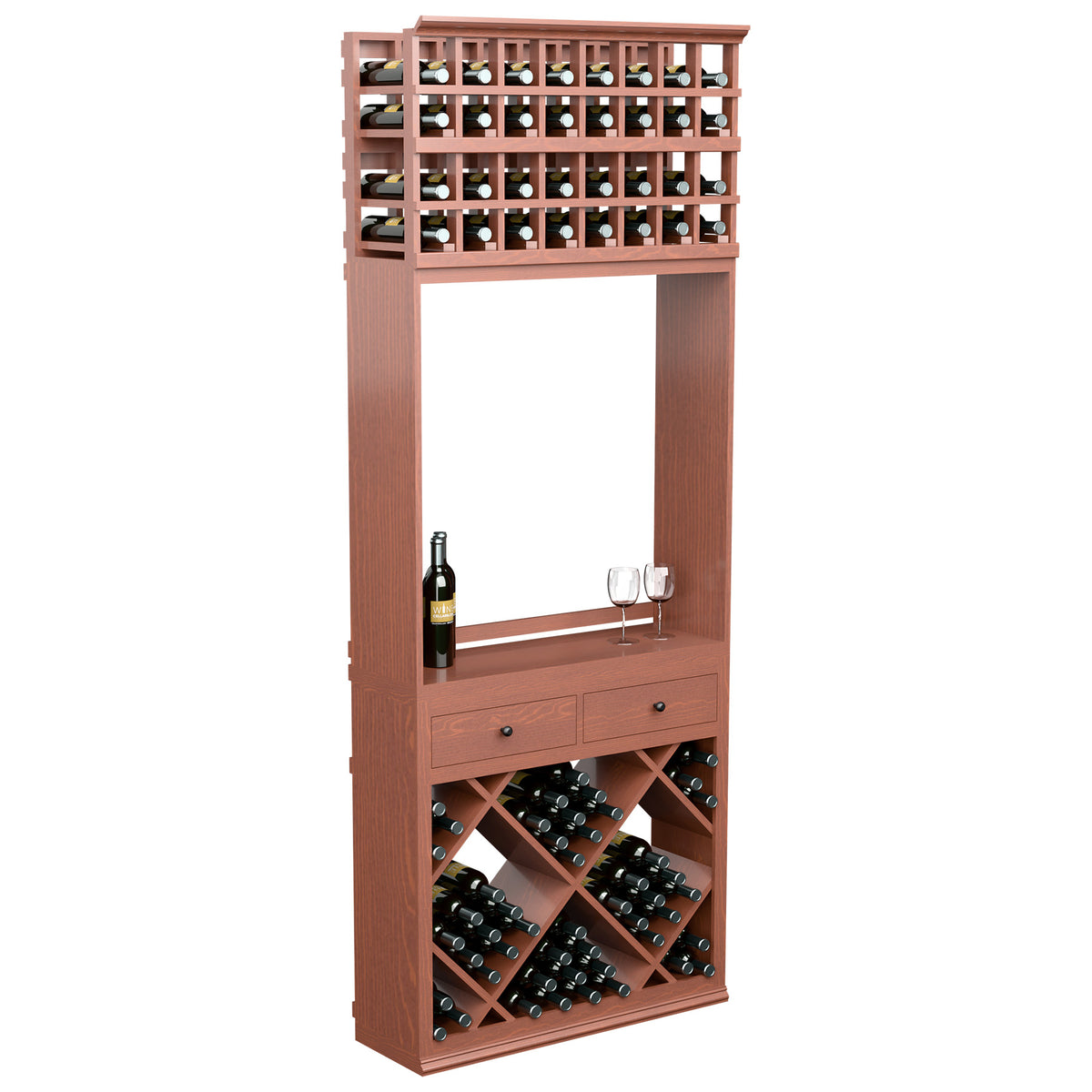 Red wine bottle tasting station with diamond-pattern lower racks, drawers, glass holders