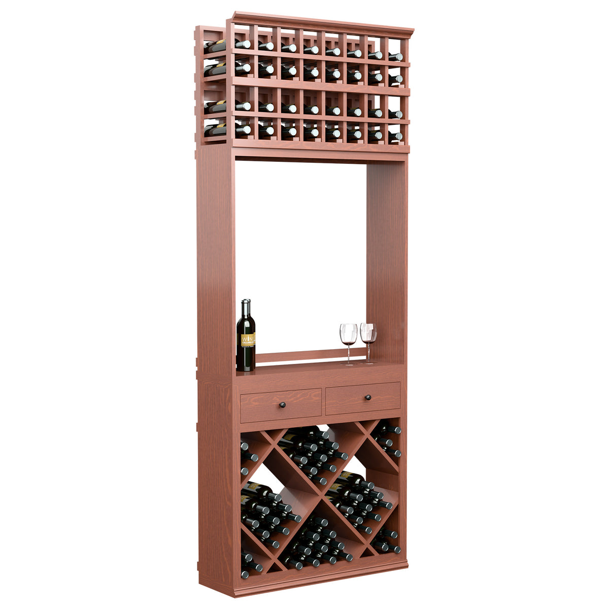 Red wine storage tasting station with top bottle grid, diamond bins, drawers