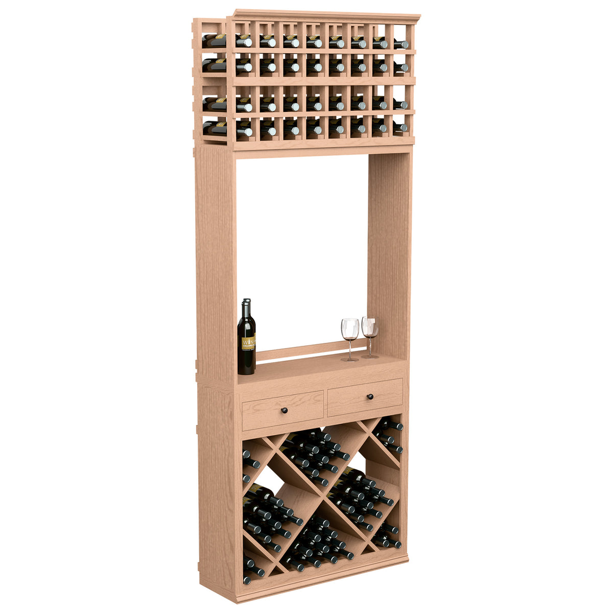 Light red wine tasting station cabinet with diamond bottle racks, two drawers, glass holders